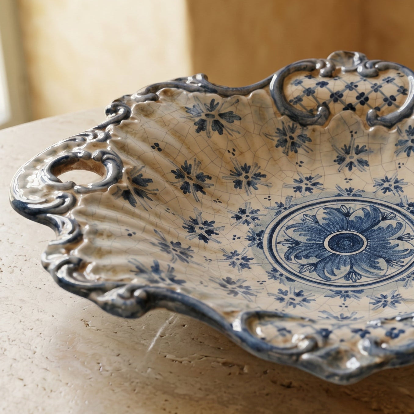 Sicilian Ceramic Centerpiece 38×33 cm / 15×13", Linea Stars, Mono Blue – Italian ceramic from Caltagirone, Sicily