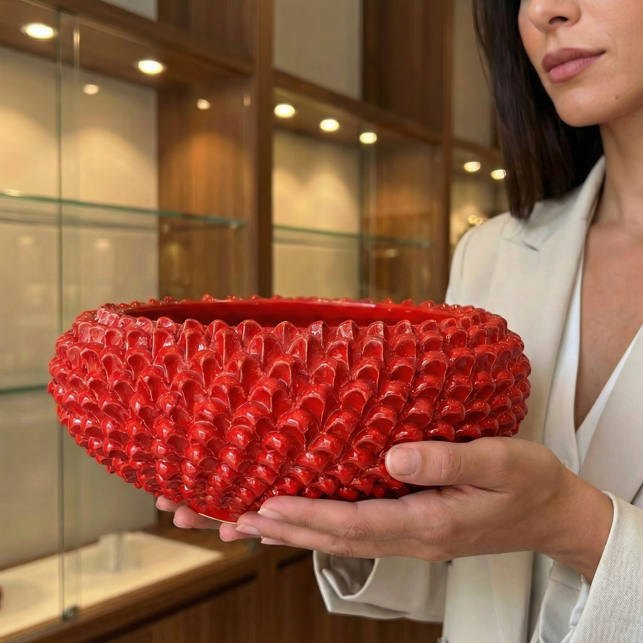 Caltagirone ceramic pine cone centerpiece, 25/33 cm in diameter, Fire Red