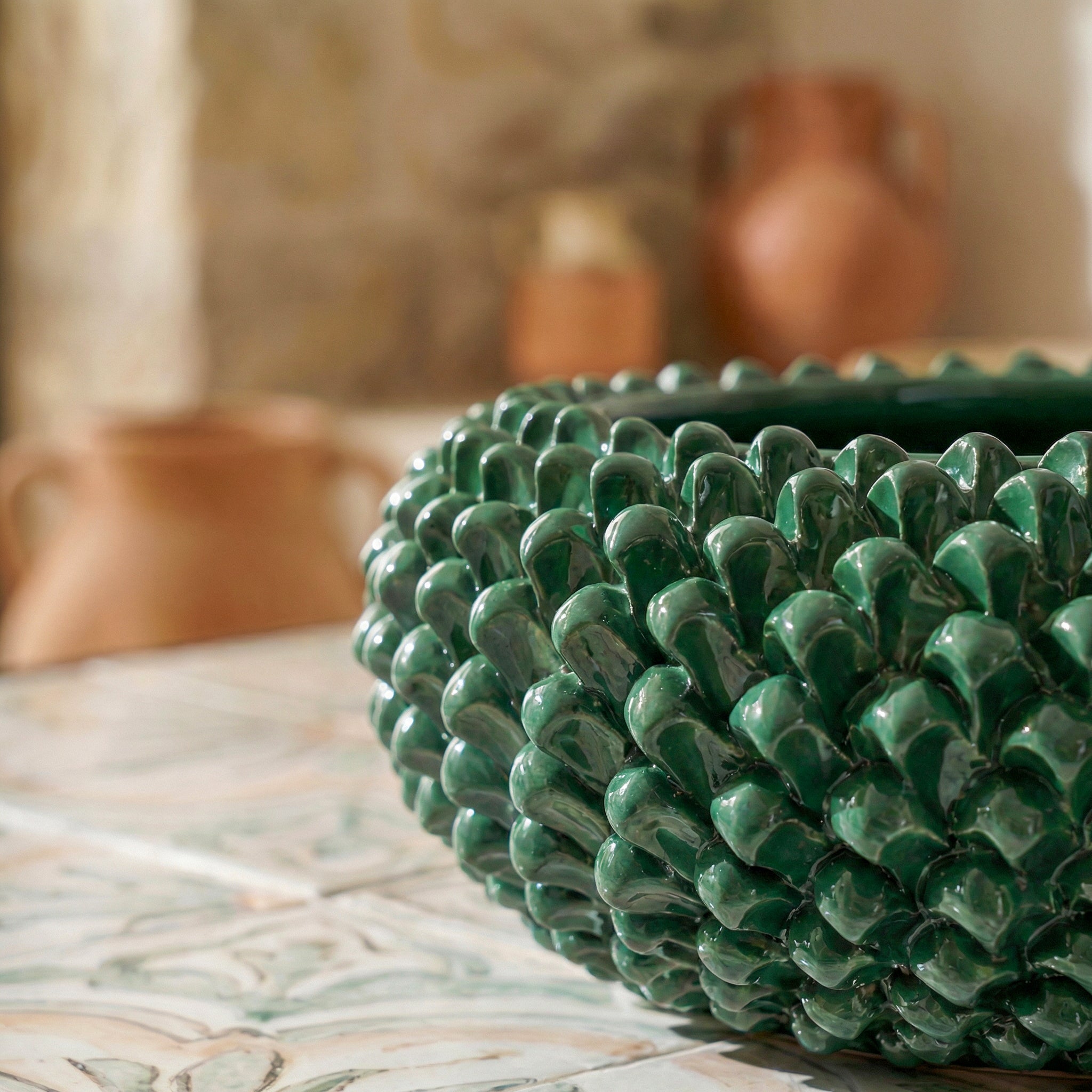 Pinecone Centerpiece, 25/33 cm in diameter, Antique Green, Caltagirone Ceramic