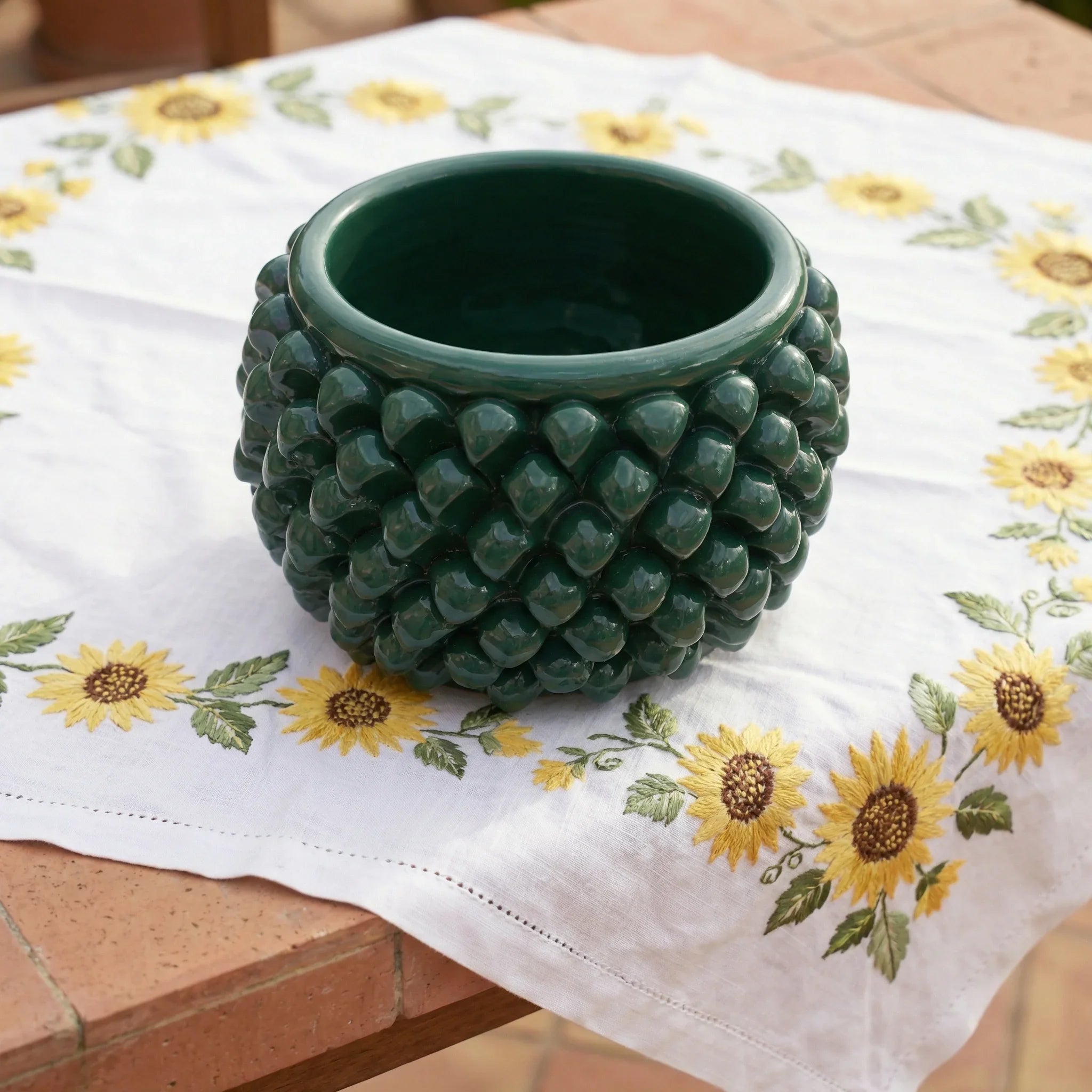 Half pine cone vase without foot green antique in Caltagirone ceramic