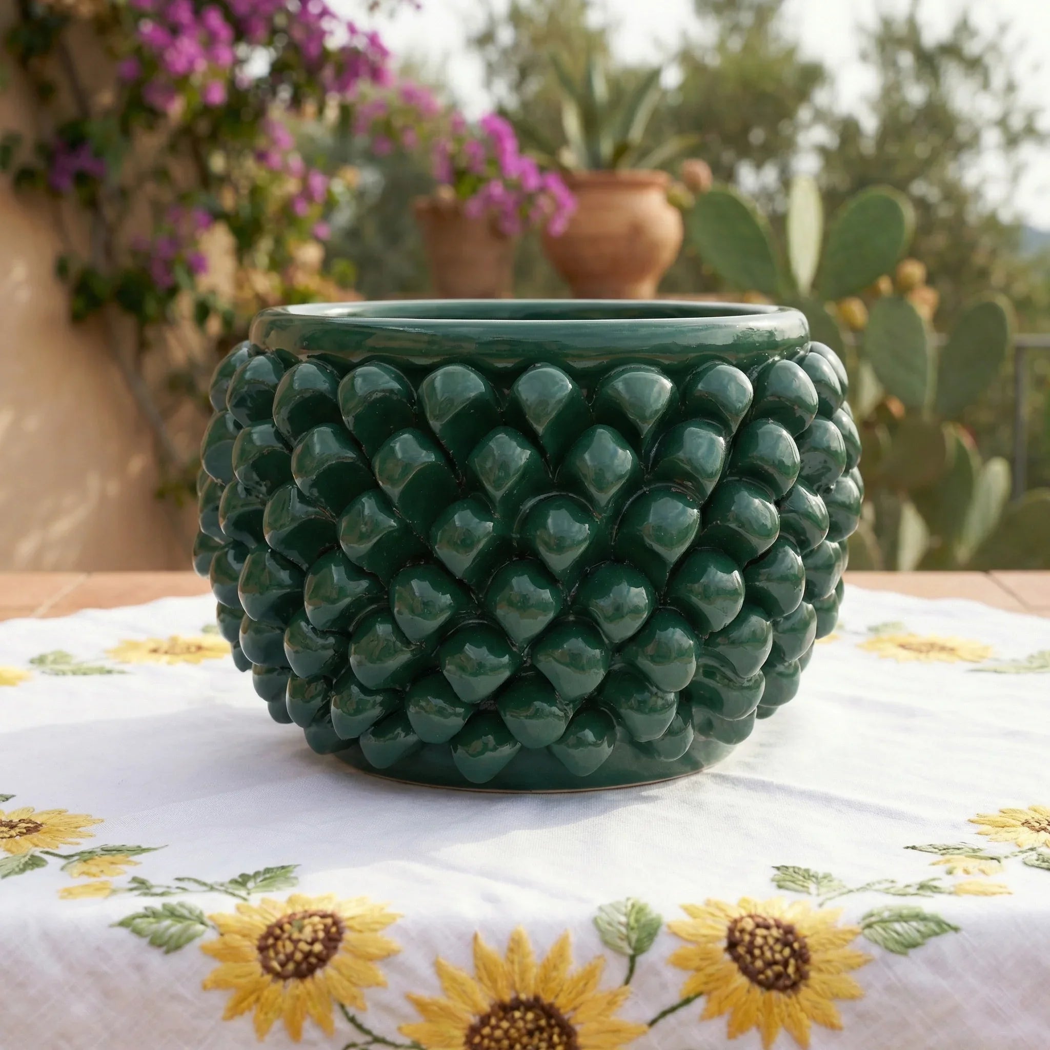 Half pine cone vase without foot green antique in Caltagirone ceramic