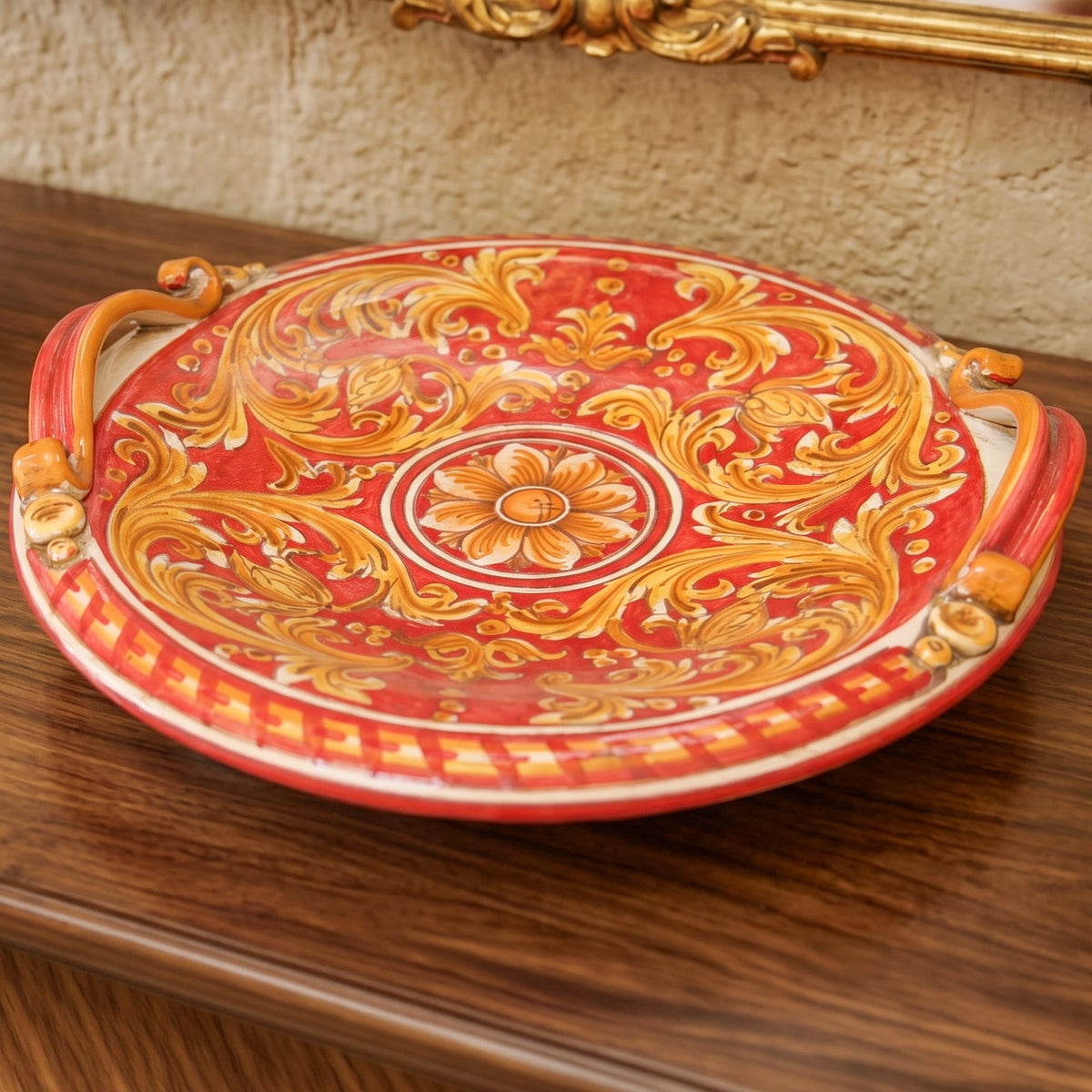 Sicilian Ceramic Centerpiece Ø 30/40 cm / 11¾-15¾", Ornato Red Background – Italian ceramic from Caltagirone, Sicily