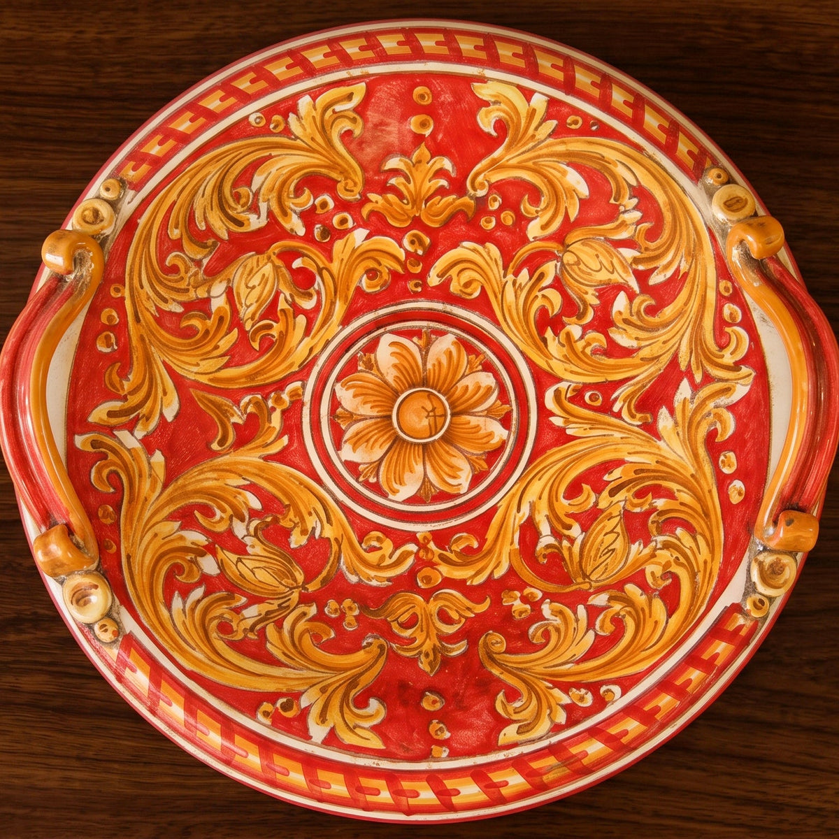 Sicilian Ceramic Centerpiece Ø 30/40 cm / 11¾-15¾", Ornato Red Background – Italian ceramic from Caltagirone, Sicily