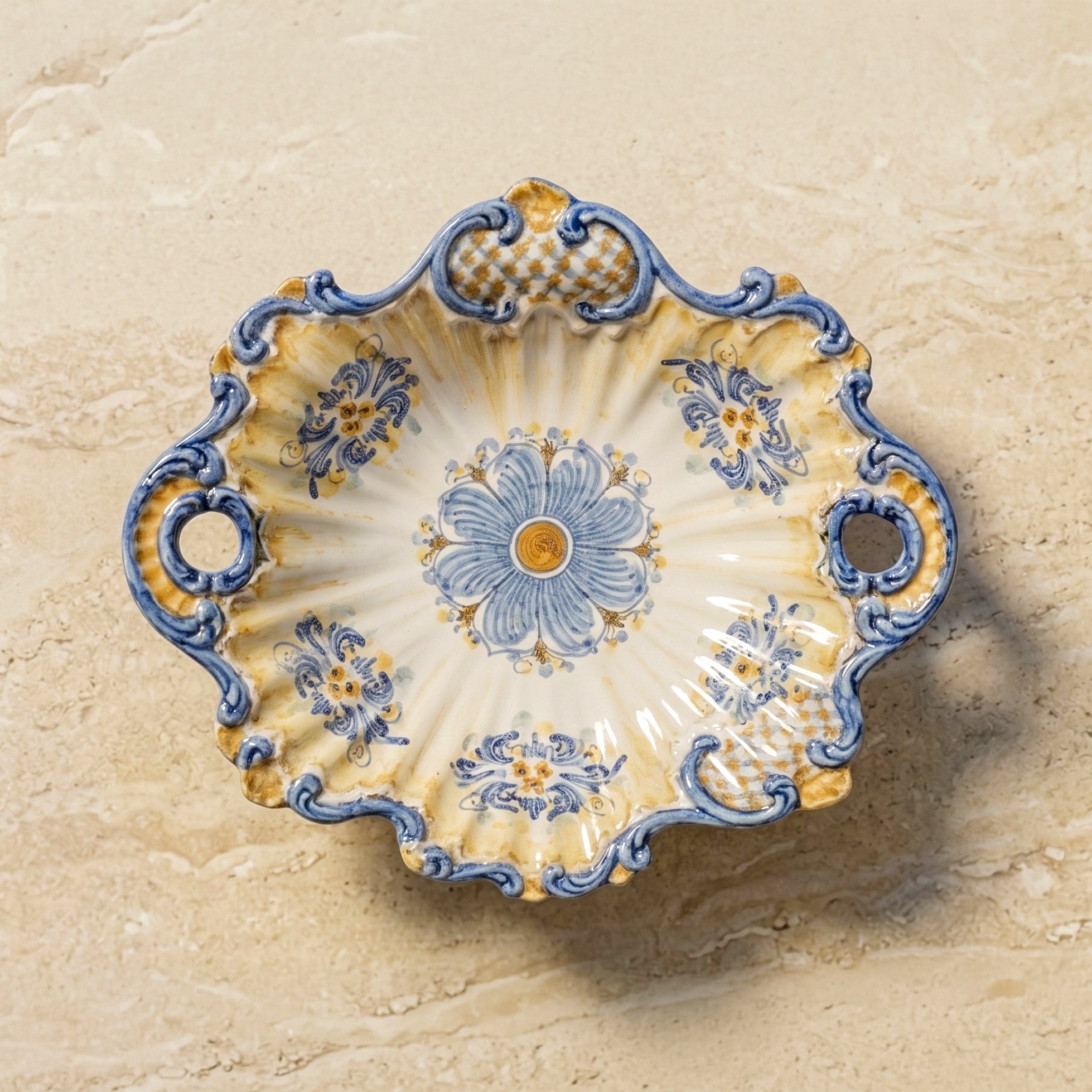 Sicilian Ceramic Centerpiece 38×33 cm / 15×13", Blue and Orange, Art Edition – Caltagirone Ceramic – Sicilian artisan tradition