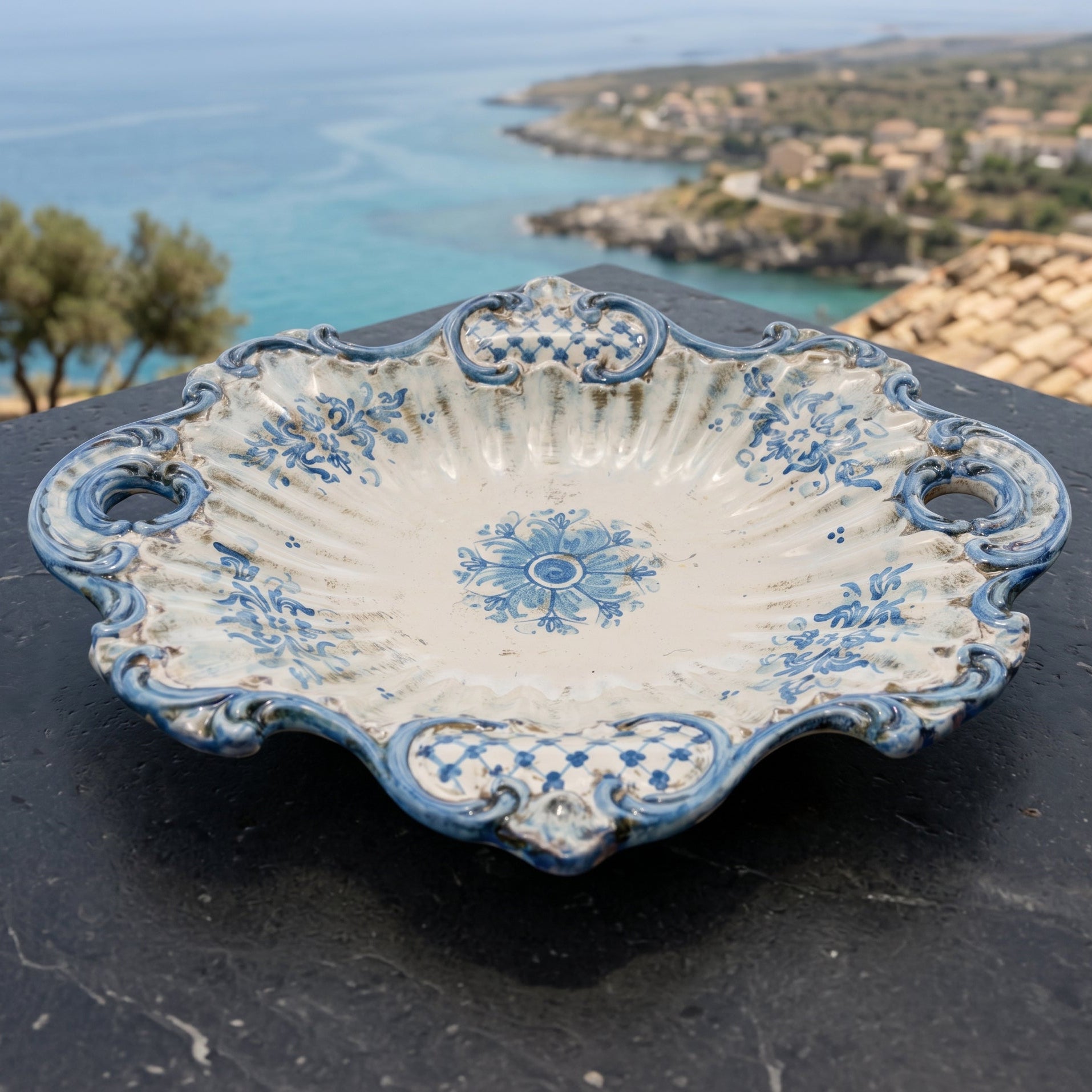 Sicilian Ceramic Centerpiece 38×33 cm / 15×13", Mono Blue – Italian ceramic from Caltagirone, Sicily