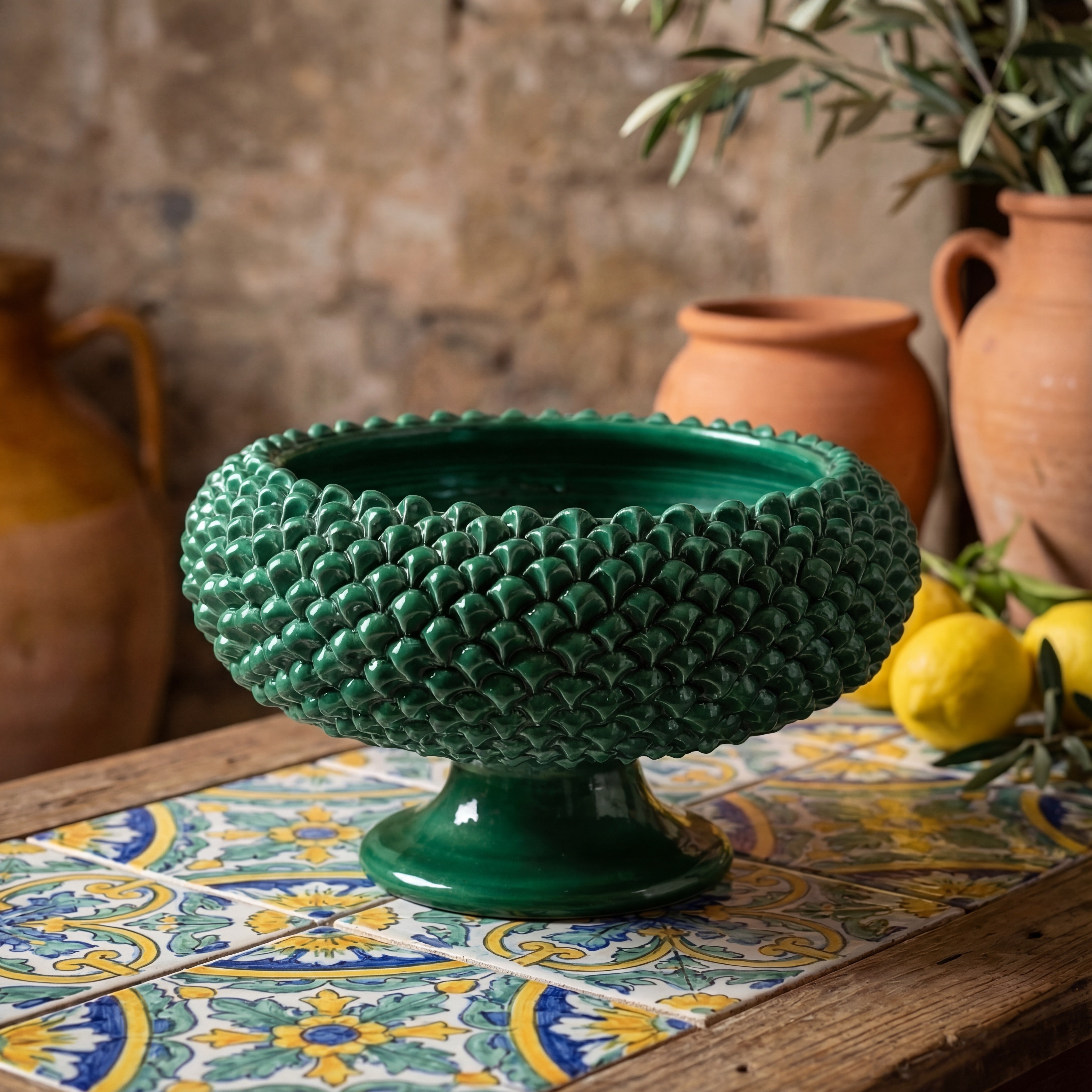 Pinecone stand of Caltagirone modeled by hand - Sicilian modern ceramic