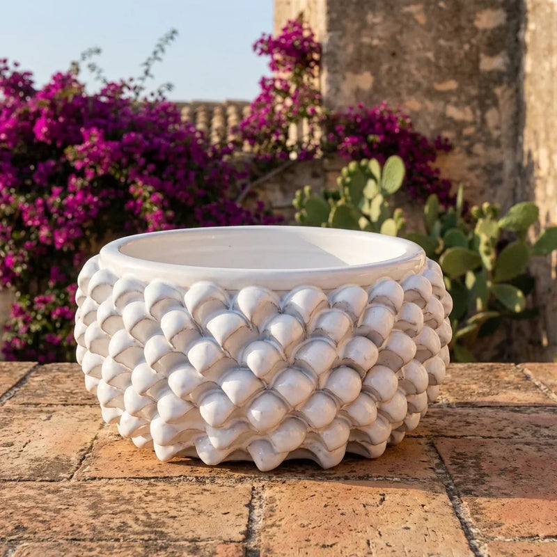 Half Pine Cone Vase, White Line – Italian ceramic from Caltagirone, Sicily