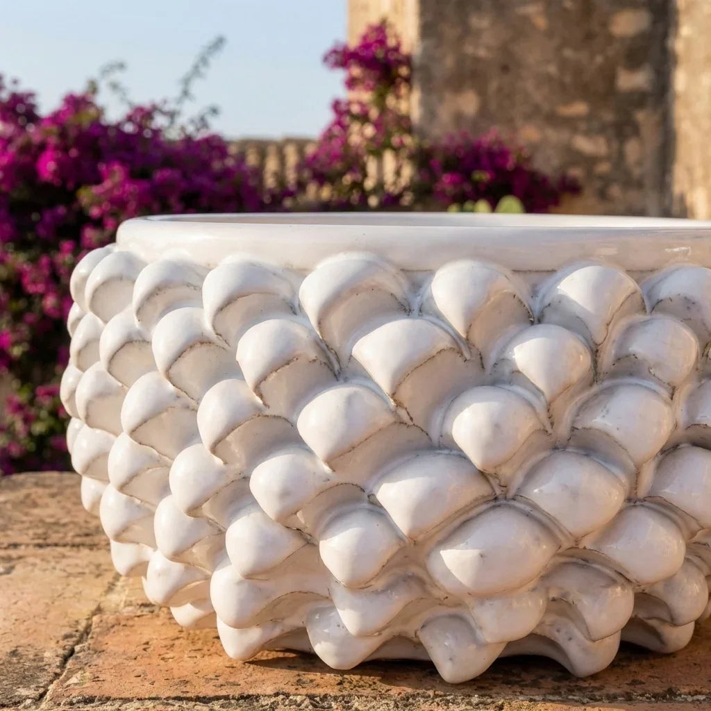 Half pine cone vase without foot in white line ceramic from Caltagirone