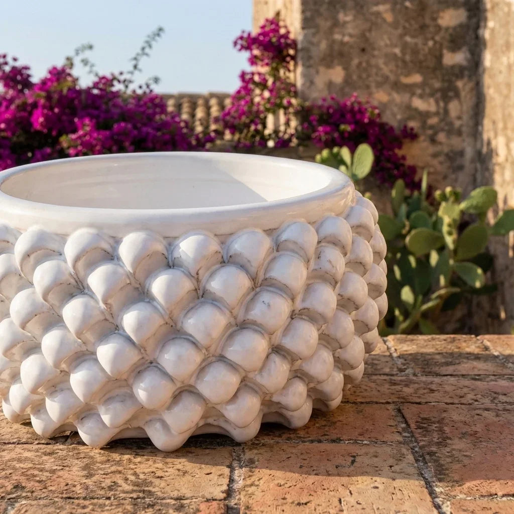 Half pine cone vase without foot in white line ceramic from Caltagirone
