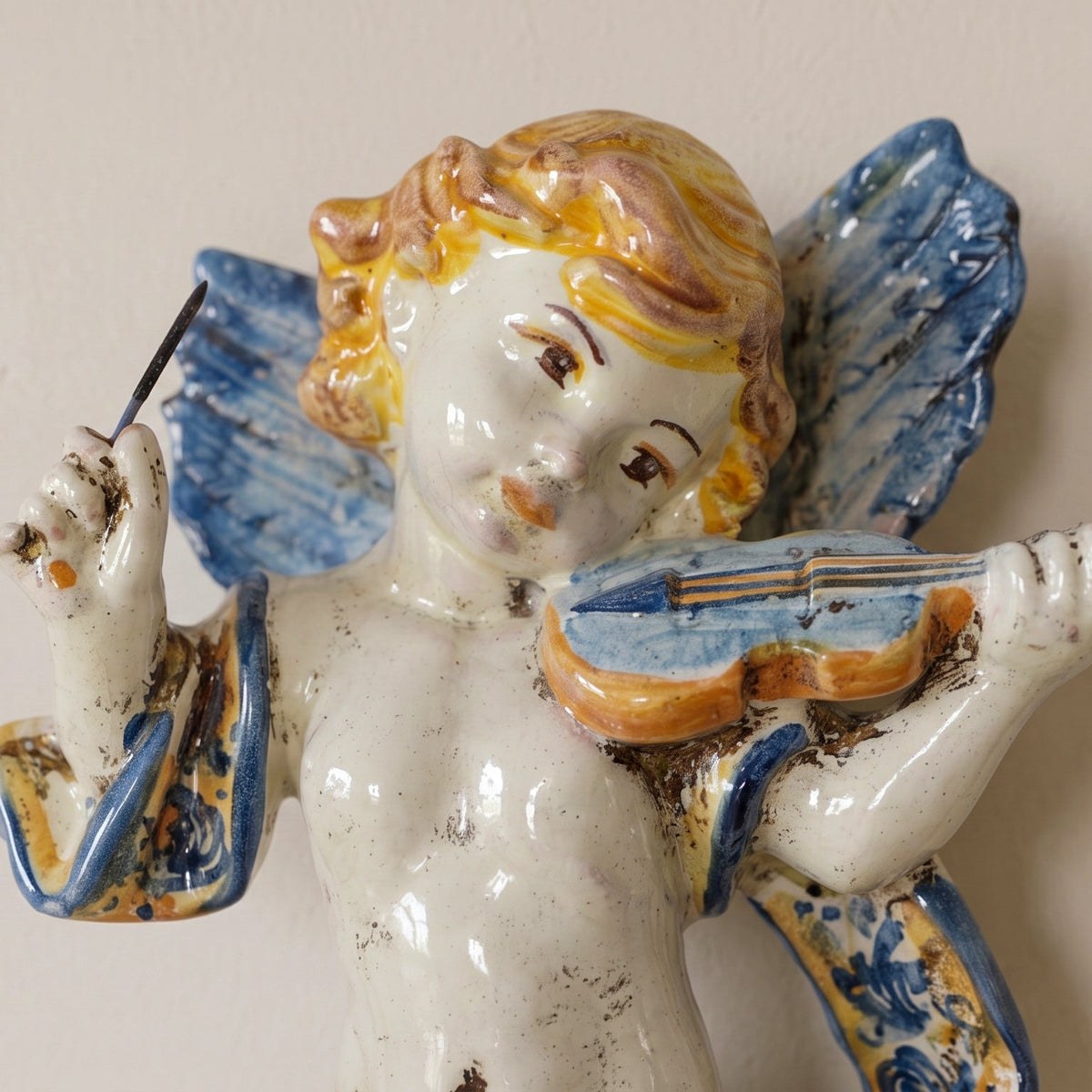 Musician Angel Ceramic with Violin, Blue and Orange – Caltagirone Ceramic – Sicilian artisan tradition