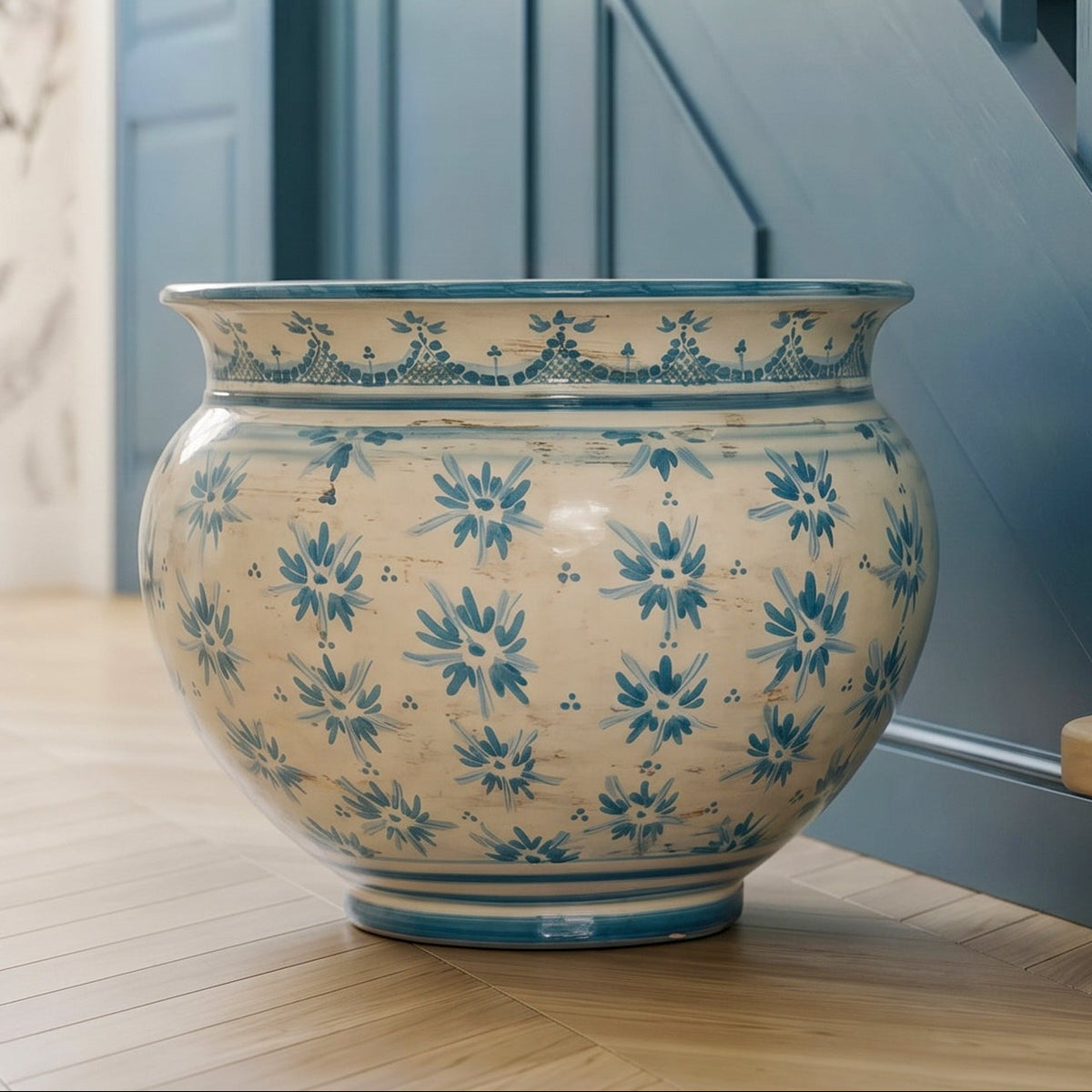 Italian Decorative Cachepot, Stars Line, Mono Blue – Sicilian majolica handcrafted in Caltagirone