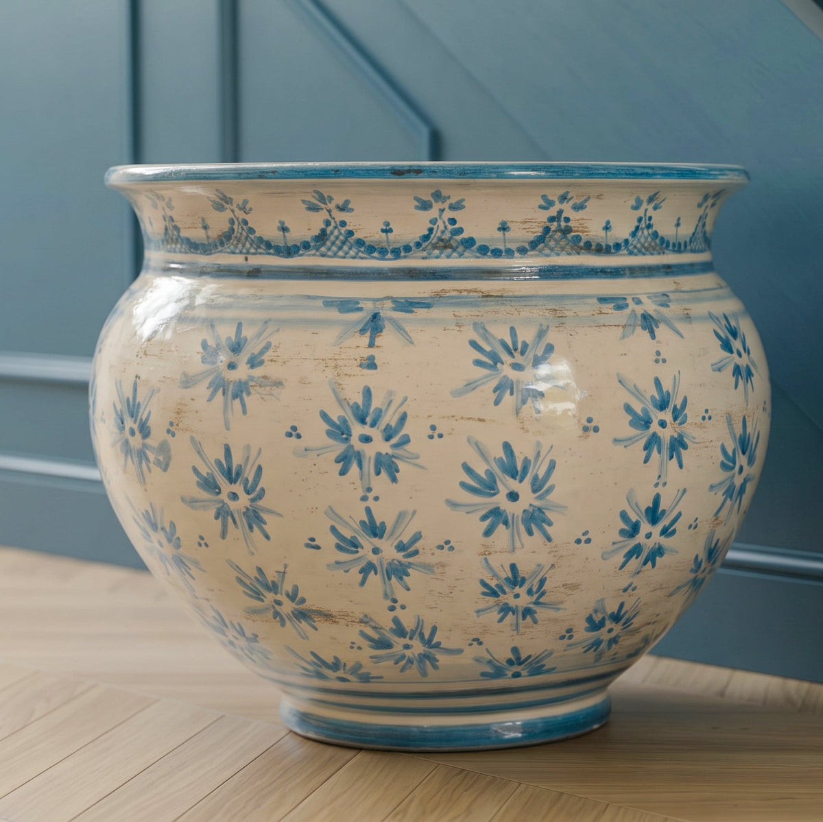 Italian Decorative Cachepot, Stars Line, Mono Blue – Sicilian majolica handcrafted in Caltagirone