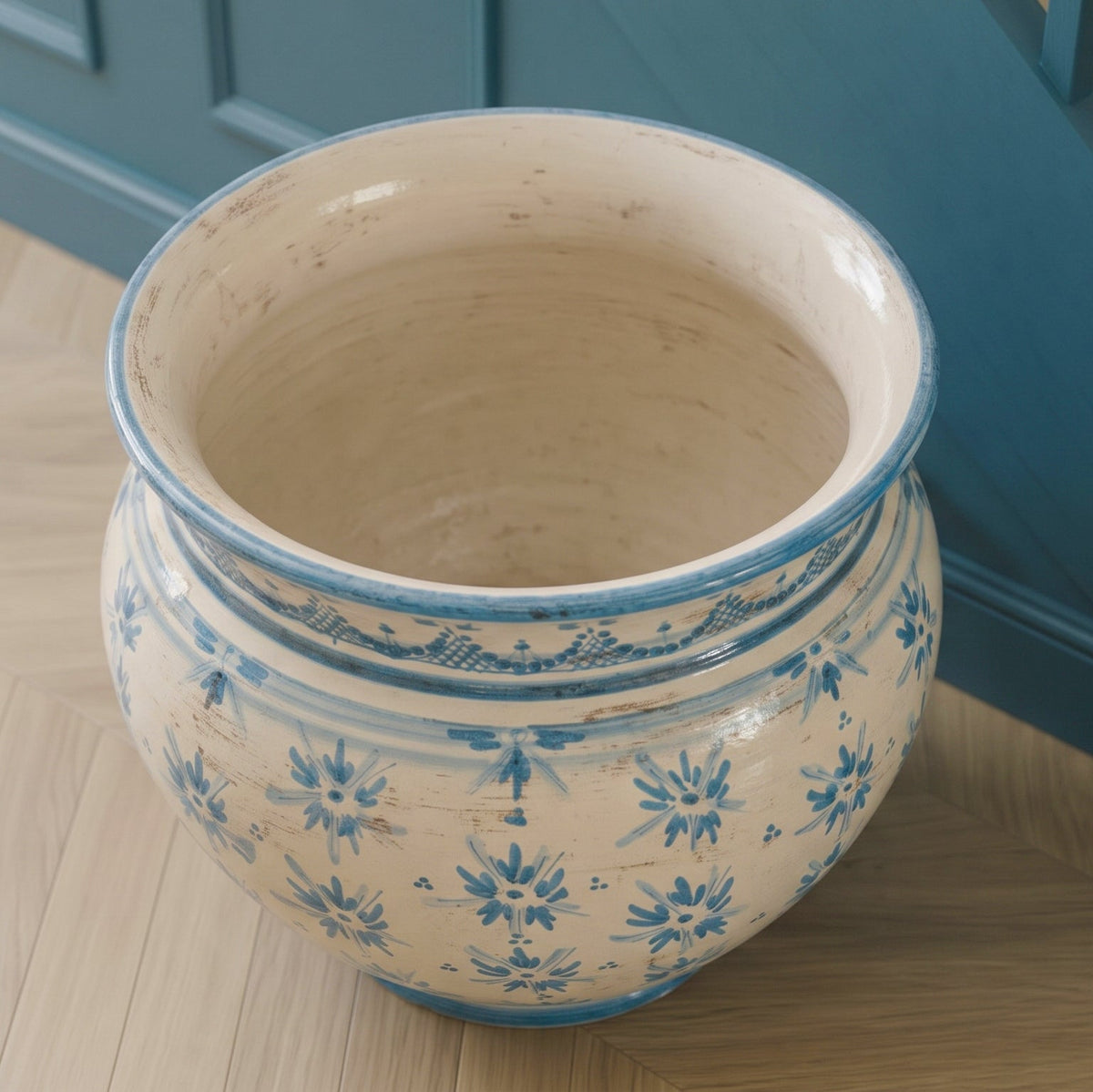 Italian Decorative Cachepot, Stars Line, Mono Blue – Sicilian majolica handcrafted in Caltagirone