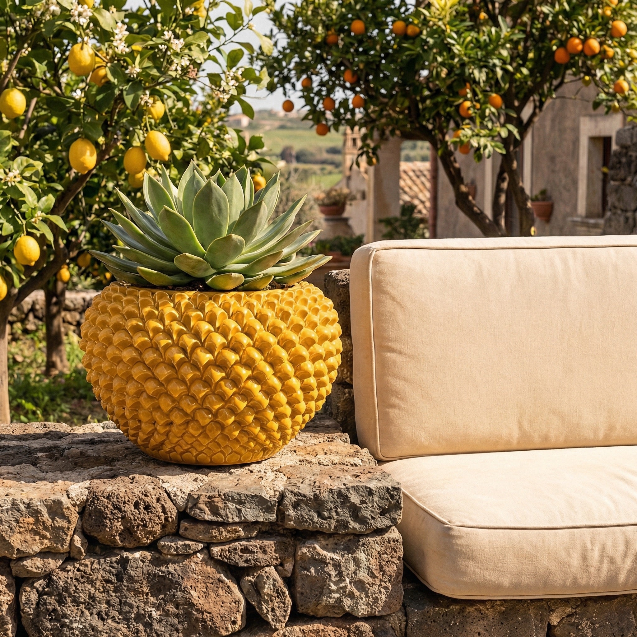 Mustard pine cone cachepot in handmade Caltagirone ceramic