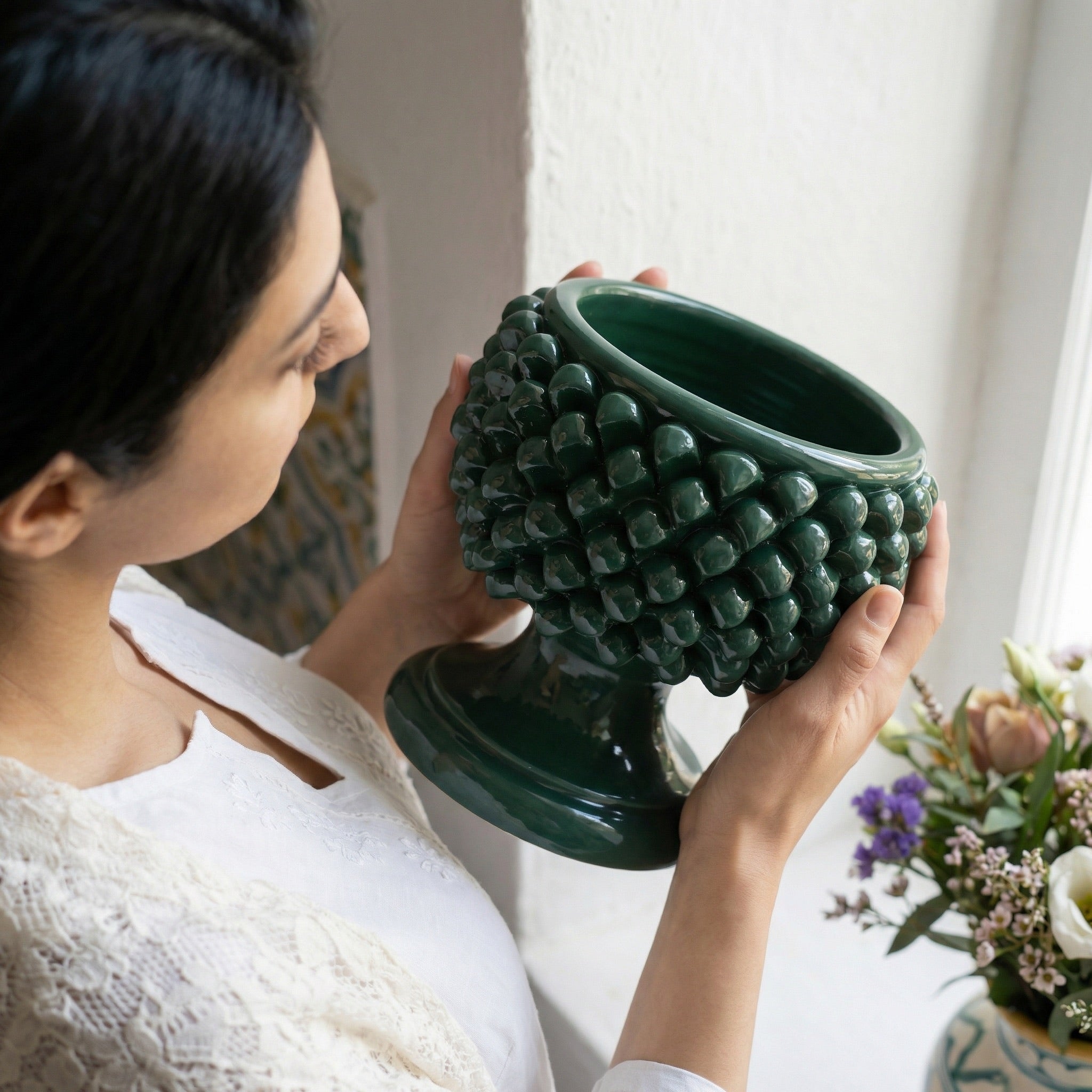 Antique green half pine cone vase in Caltagirone ceramic