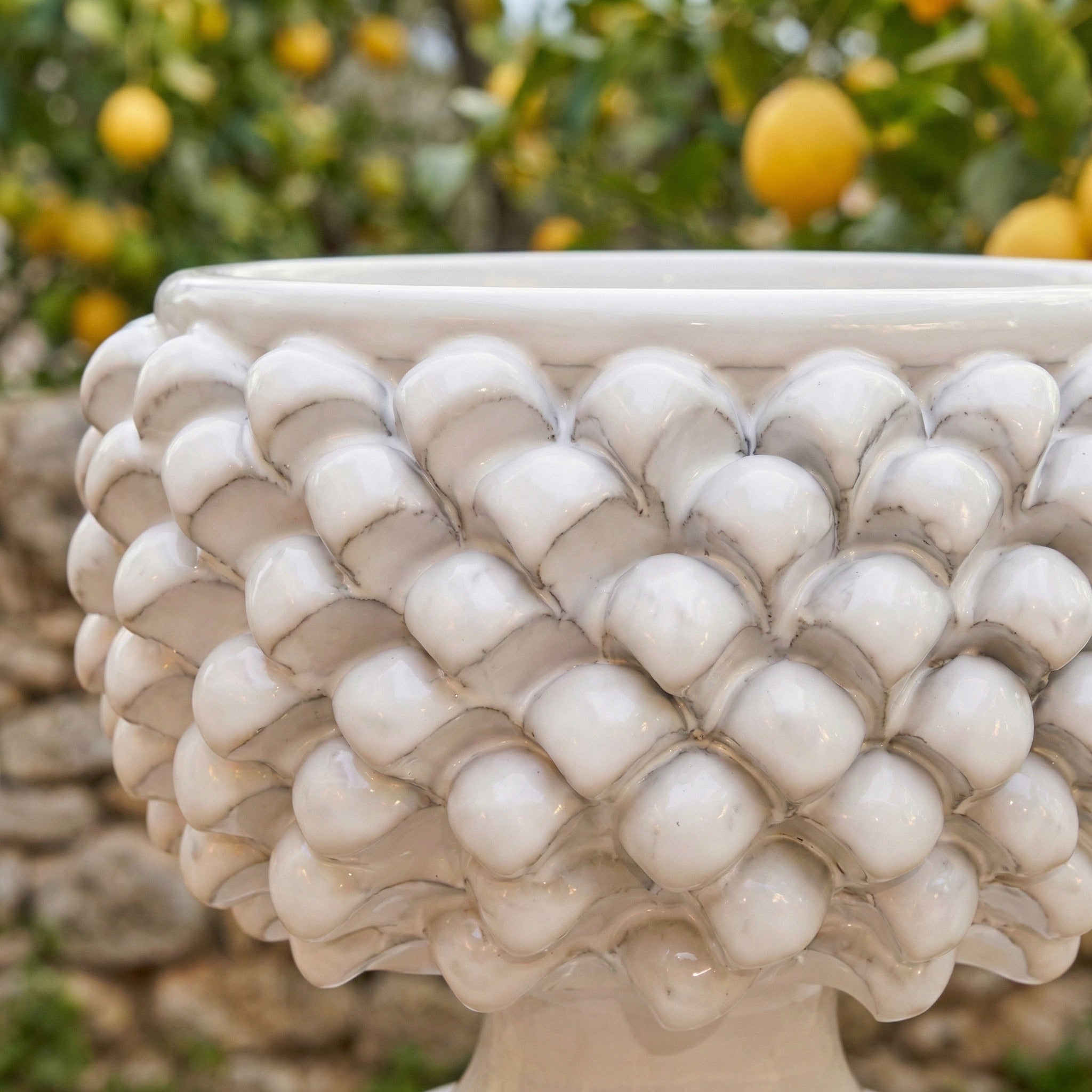 Caltagirone ceramic half-pine cone vase in white line