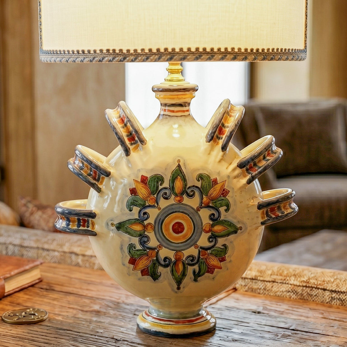 Ring Flask Lamp with Handles H 30 cm / 11¾" in Caltagirone Ceramic — Decoro Sicily