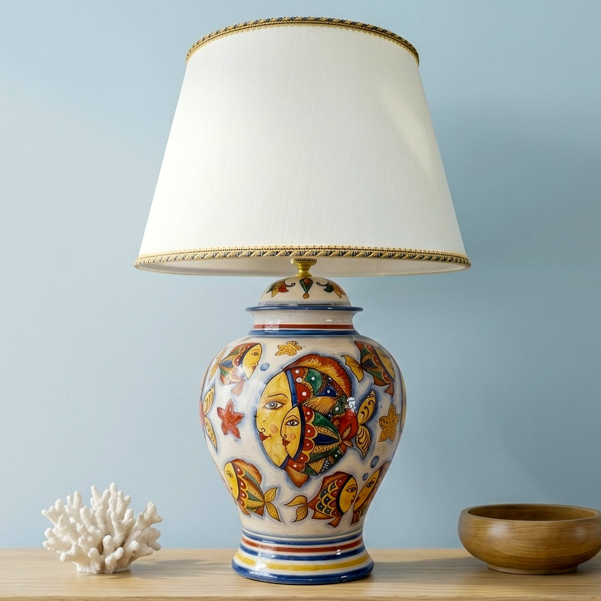 Potiche Table Lamp in Caltagirone Ceramic — Fish Décor