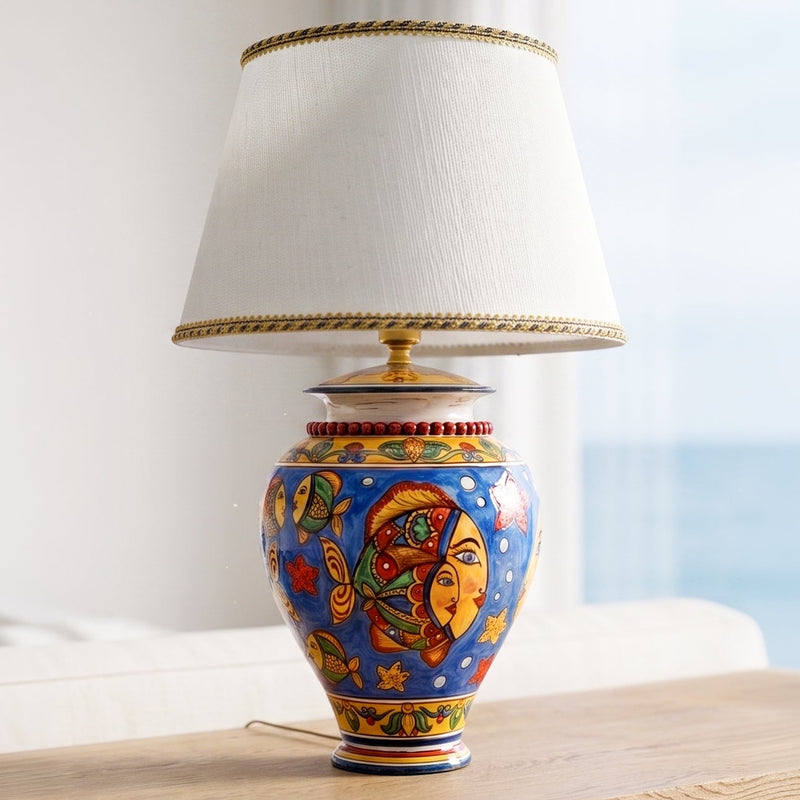 Sicilian Round Ball Lamp H 35 cm / 13.8", Blue Background – Sicilian ceramic lamp handcrafted in Caltagirone