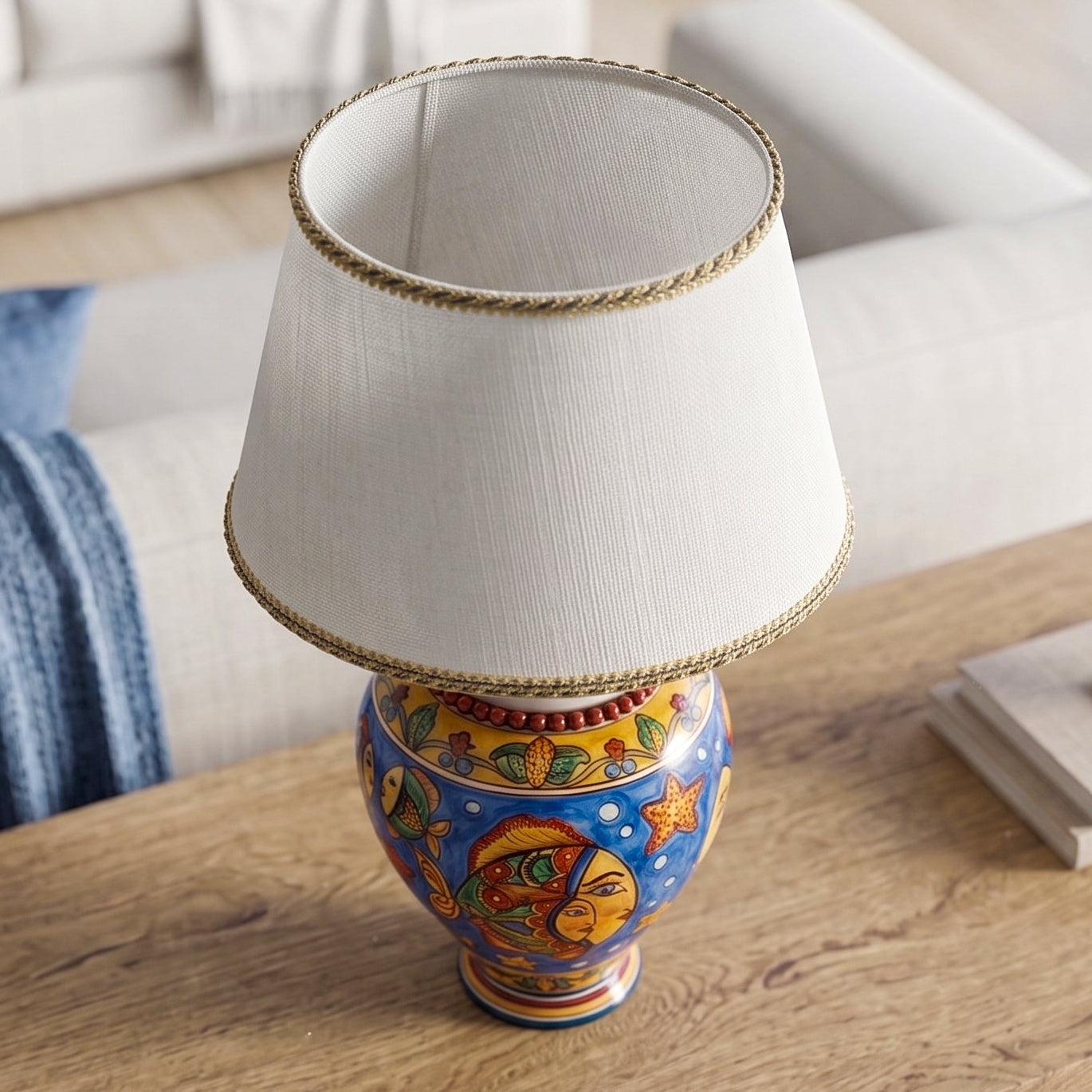 Sicilian Round Ball Lamp H 35 cm / 13.8", Blue Background – Sicilian ceramic lamp handcrafted in Caltagirone