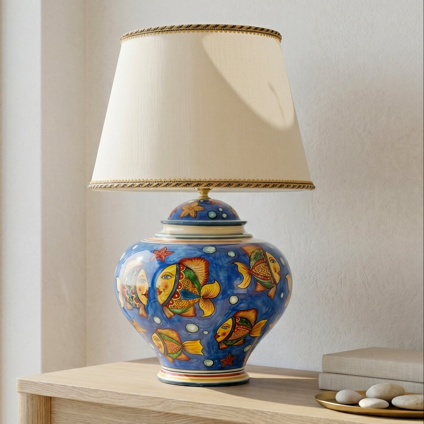 Italian Ball Ceramic Lamp, Blue Background – Caltagirone Ceramic – Italian ceramic lamp tradition