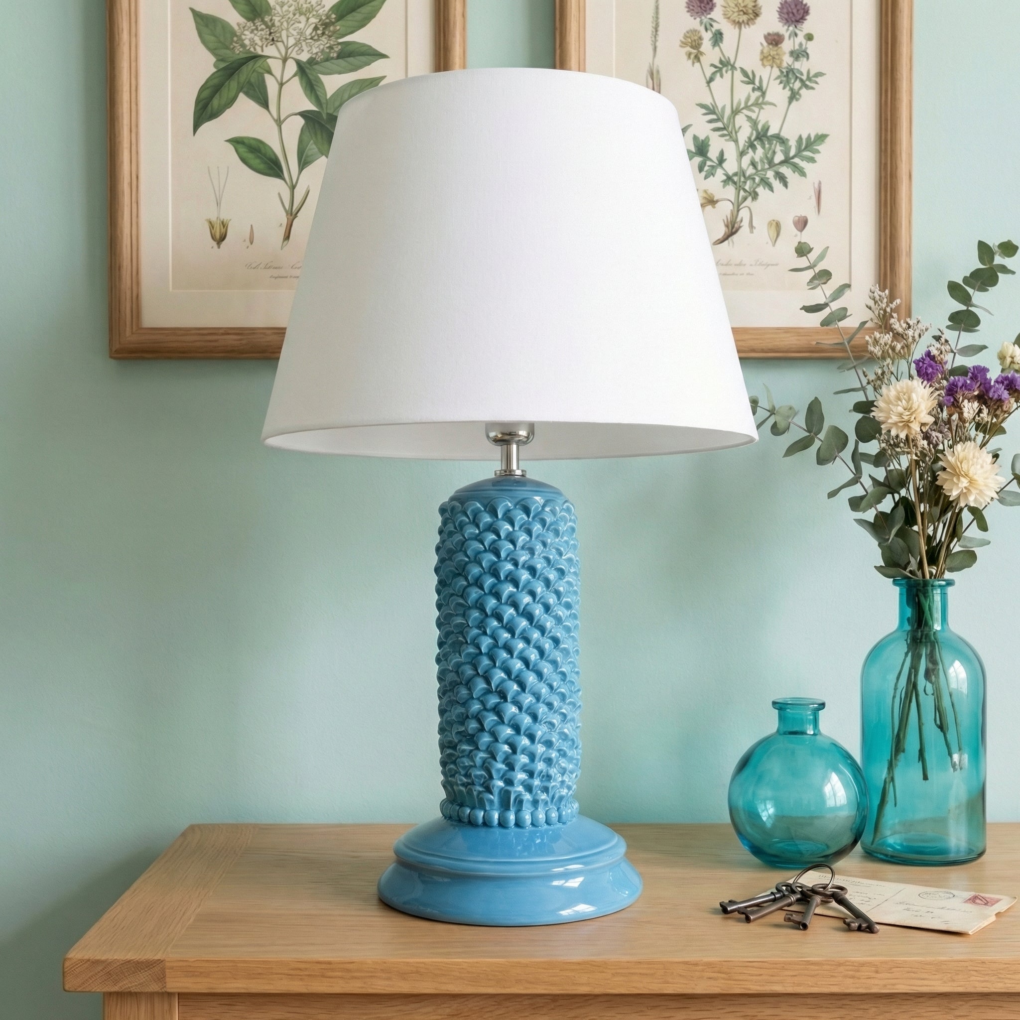 Cylinder pine cone light h 60 Turquoise in Caltagirone ceramic