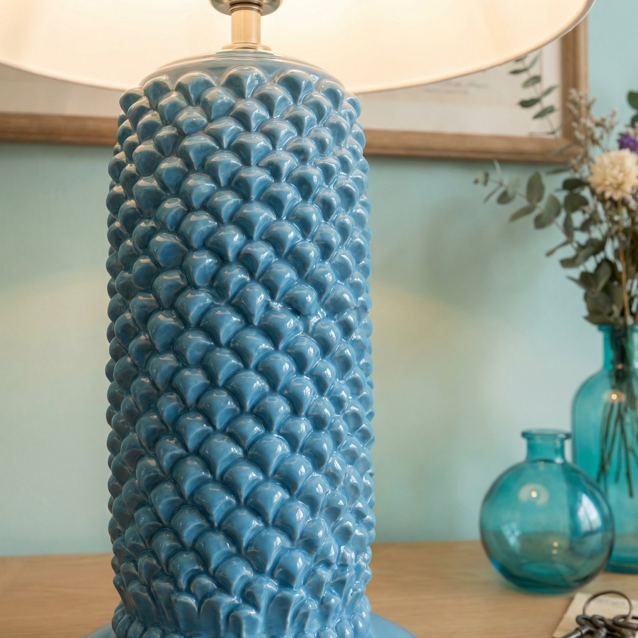 Sicilian Pine Cone Lamp H 60 cm / 23.6", Turquoise – Italian ceramic from Caltagirone, Sicily