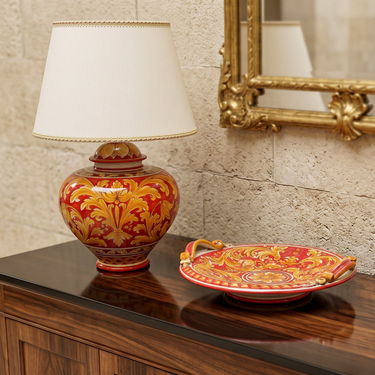 Italian Ball Ceramic Lamp H 66 cm / 26", Ornato Red Background – Italian ceramic from Caltagirone, Sicily