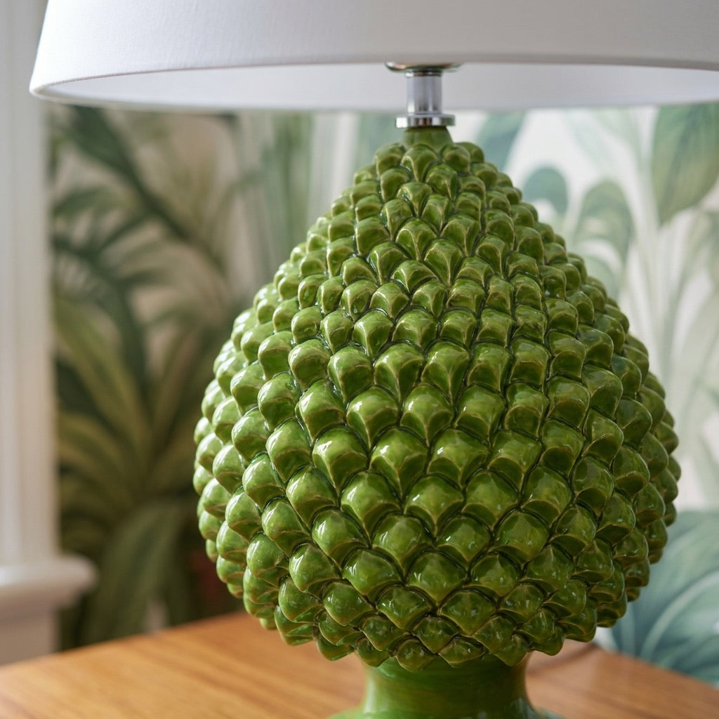 Handcrafted pine cone lamp in green leaf