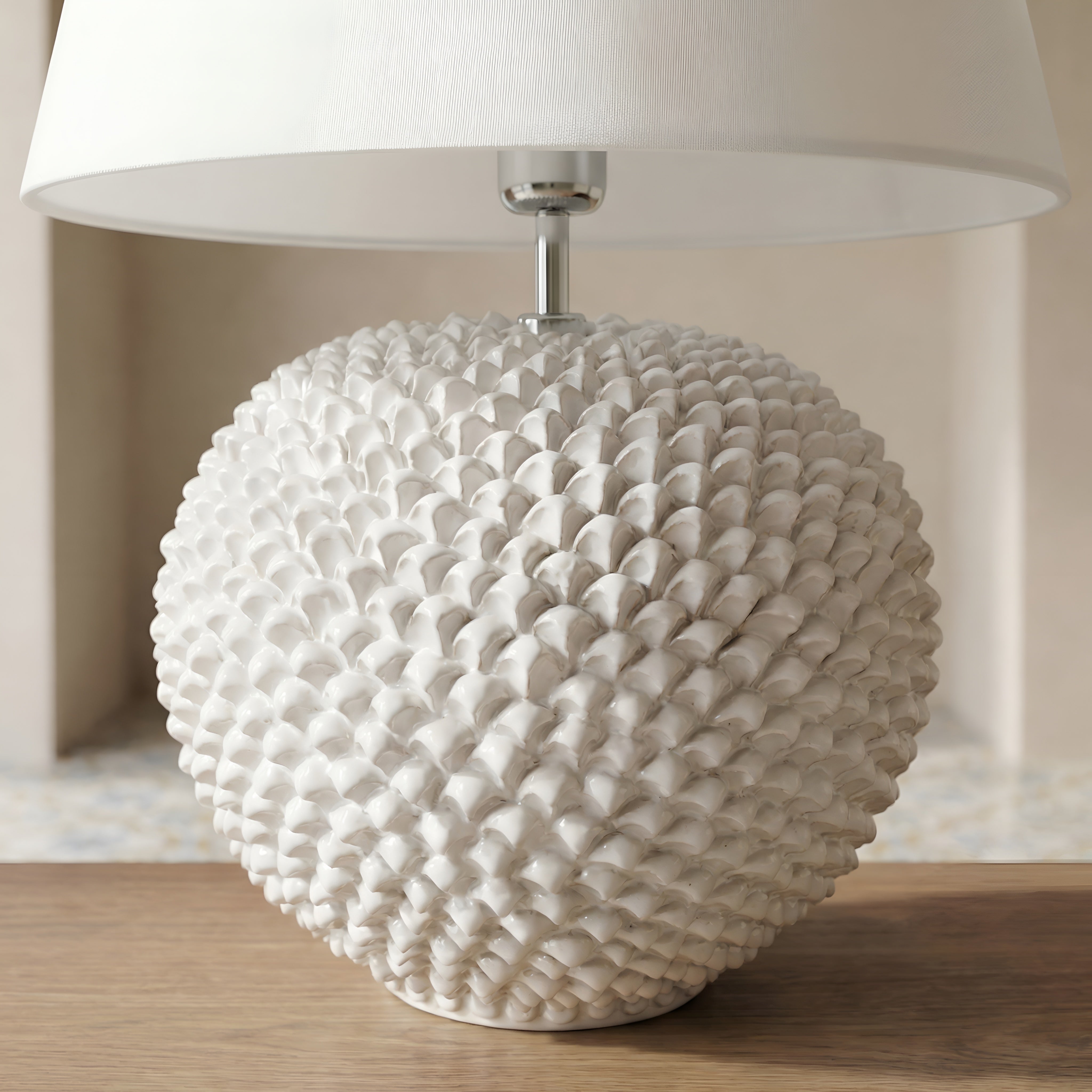 Italian Ceramic Lamp, White Line – Sicilian ceramic lamp handcrafted in Caltagirone