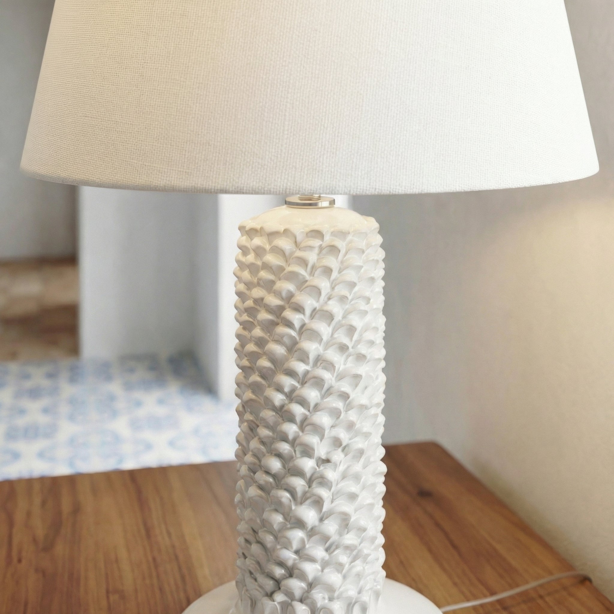 Sicilian Pine Cone Lamp H 60 cm / 23.6", White Line – Italian ceramic from Caltagirone, Sicily