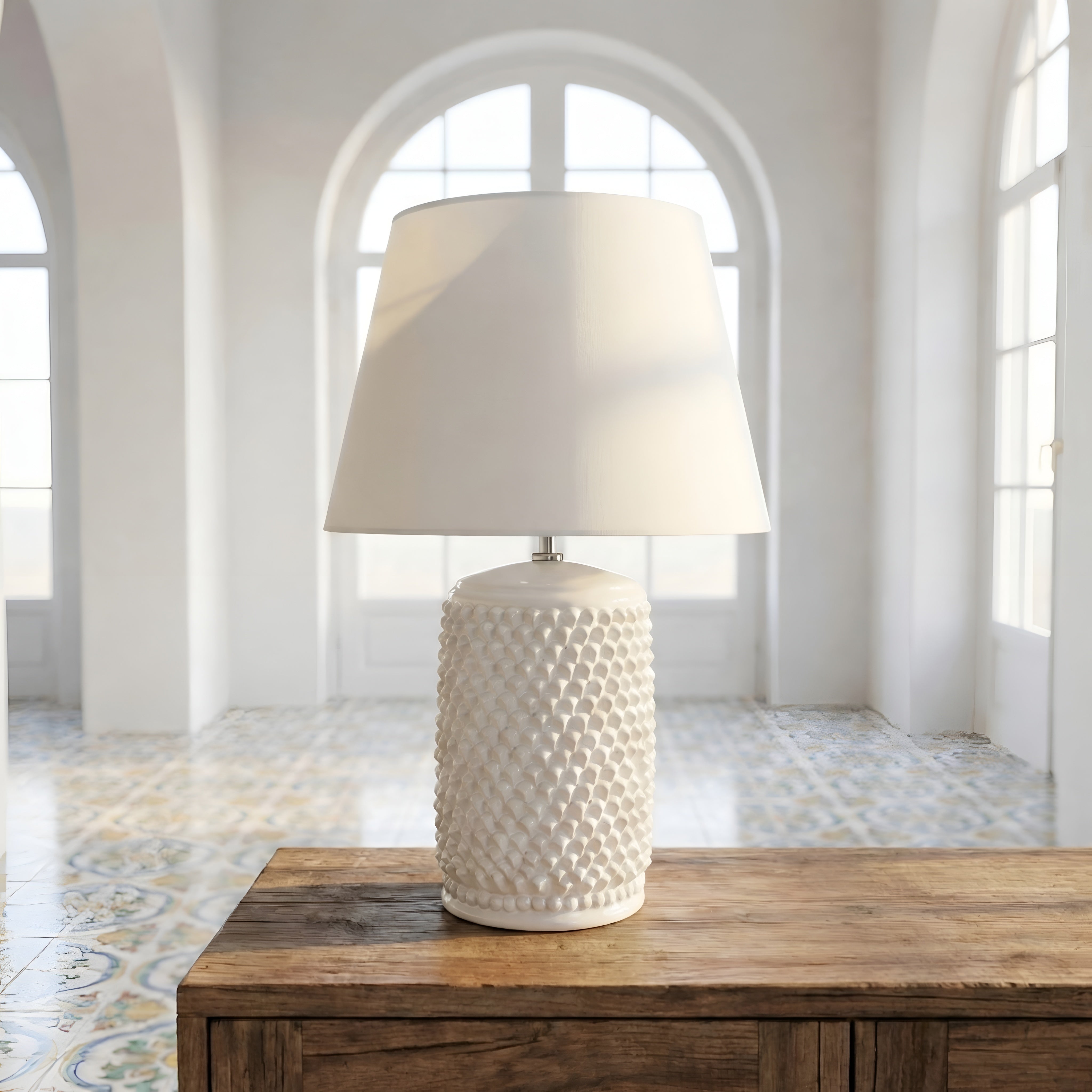 Sicilian Pine Cone Lamp H 60 cm / 23.6", White Line – Italian ceramic from Caltagirone, Sicily