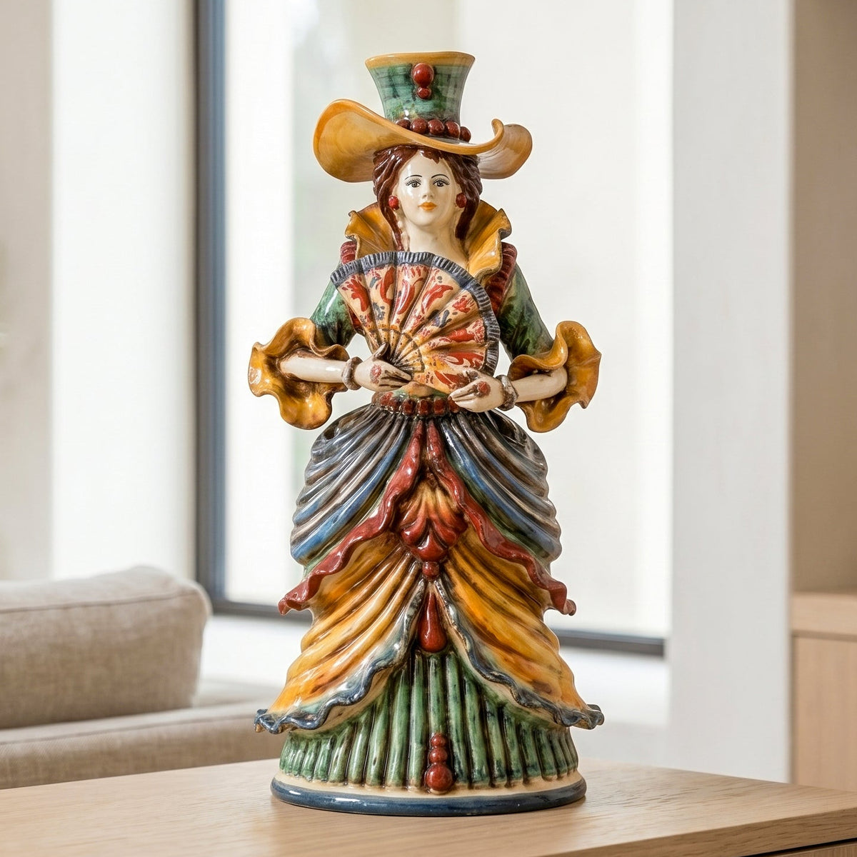 Female Figural Lamp (Lumiera) H 34 cm / 13½" in Caltagirone Ceramic — Decoro Sicily