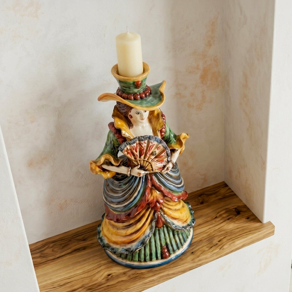 Female Figural Lamp (Lumiera) H 34 cm / 13½" in Caltagirone Ceramic — Decoro Sicily