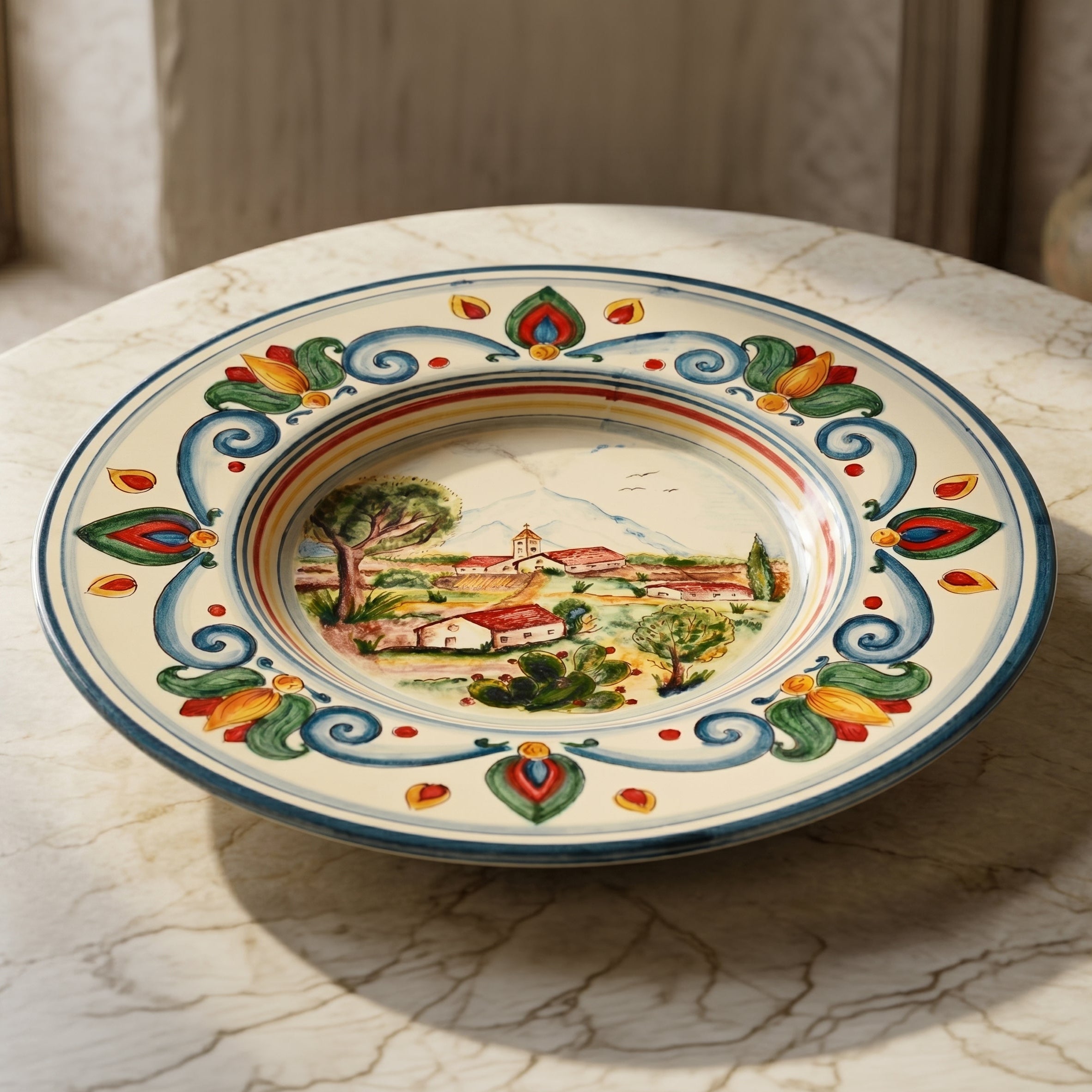 Caltagirone Ceramic Plate Cappello Prete — Etna Landscape, Decoro Sicily | Sicilian majolica handcrafted in Caltagirone