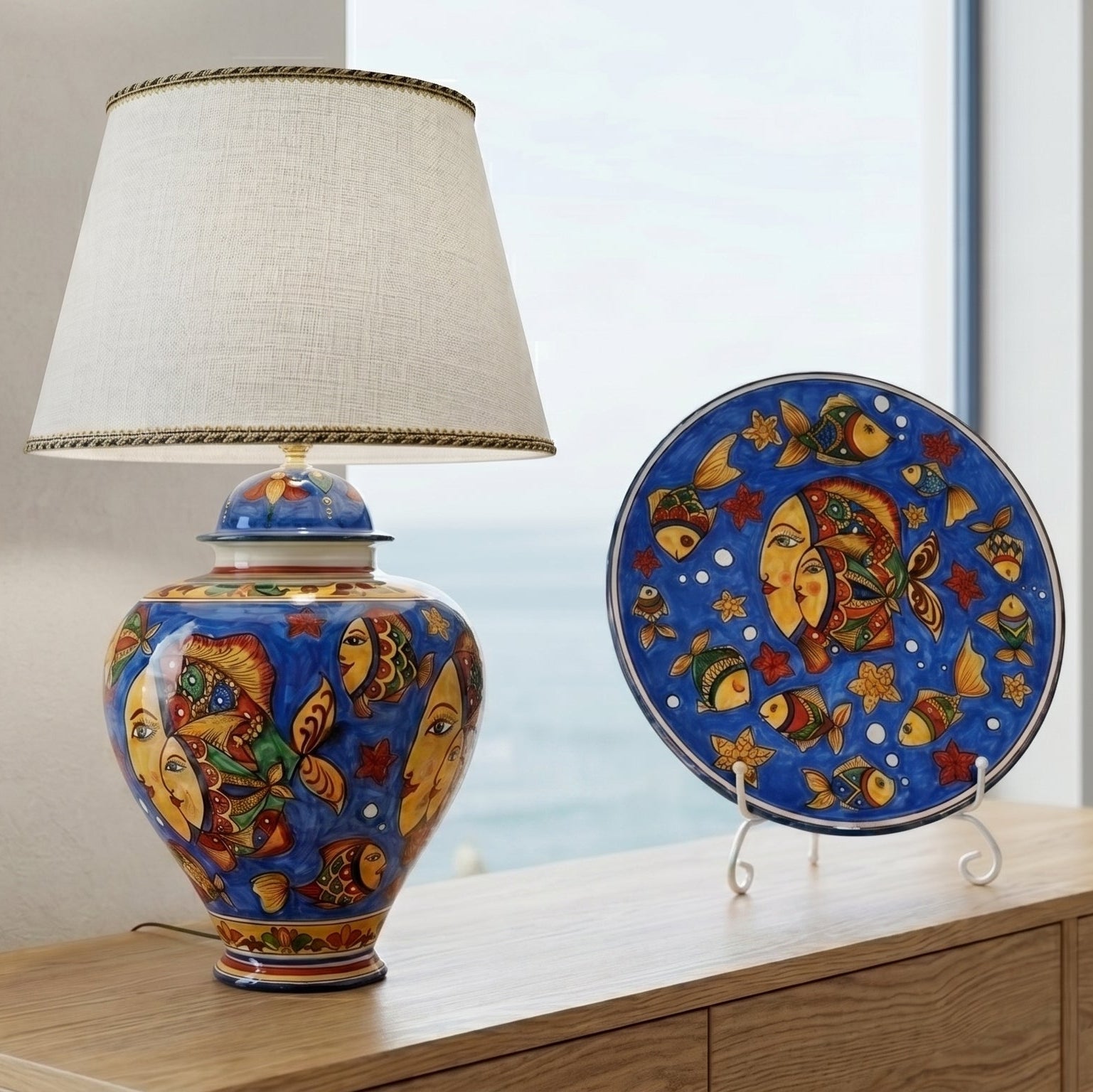 Sicilian Decorative Wall Plate, Blue Background – Caltagirone Ceramic – Sicilian artisan tradition