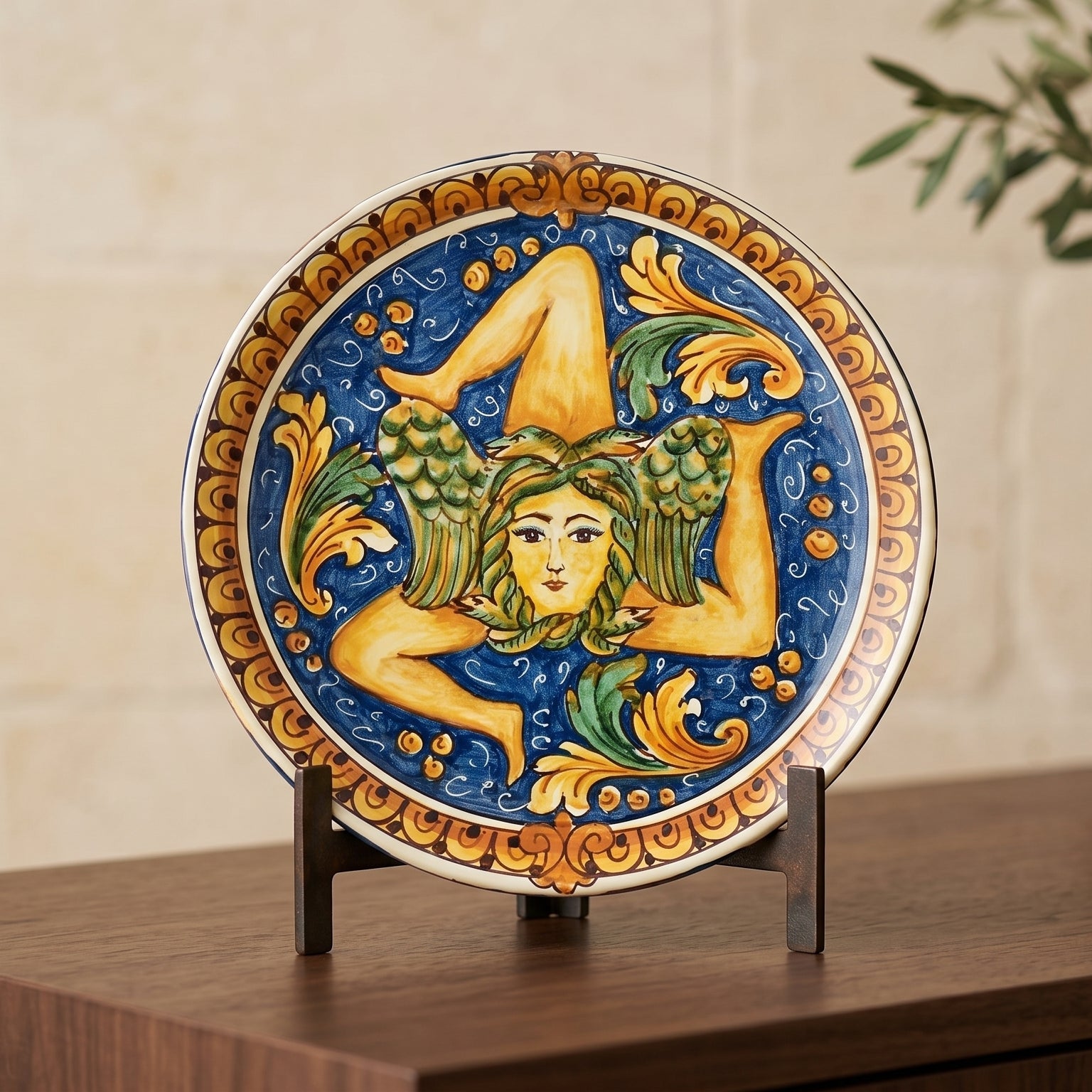 Caltagirone Ceramic Trinacria Plate — Ornato Calatino