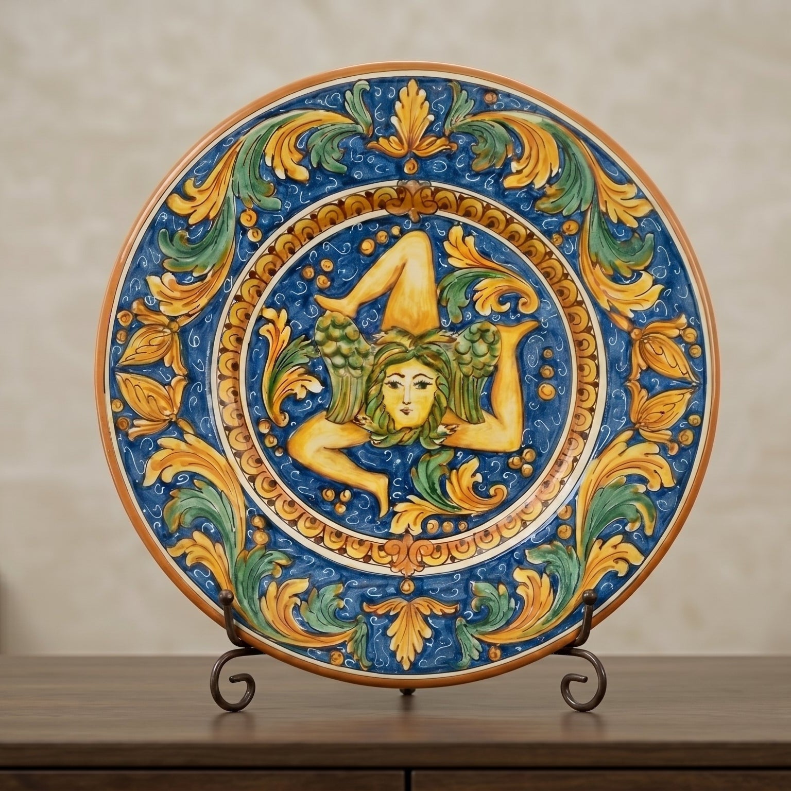 Caltagirone Ceramic Trinacria Plate — Ornato Calatino