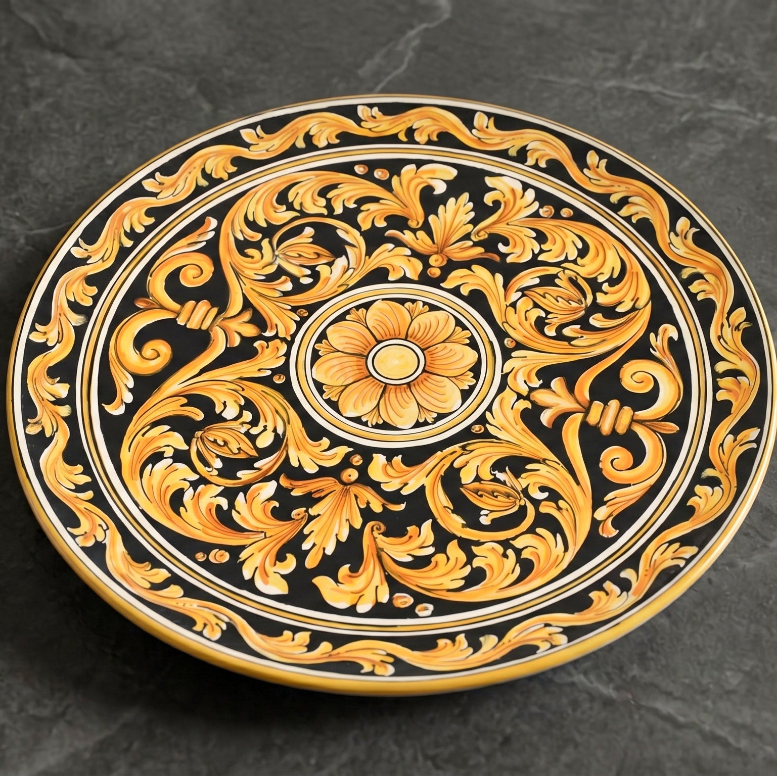 Sicilian Decorative Wall Plate Ø 35/40 cm / Ø 14-16", Black Background – Caltagirone Ceramic – Sicilian artisan tradition