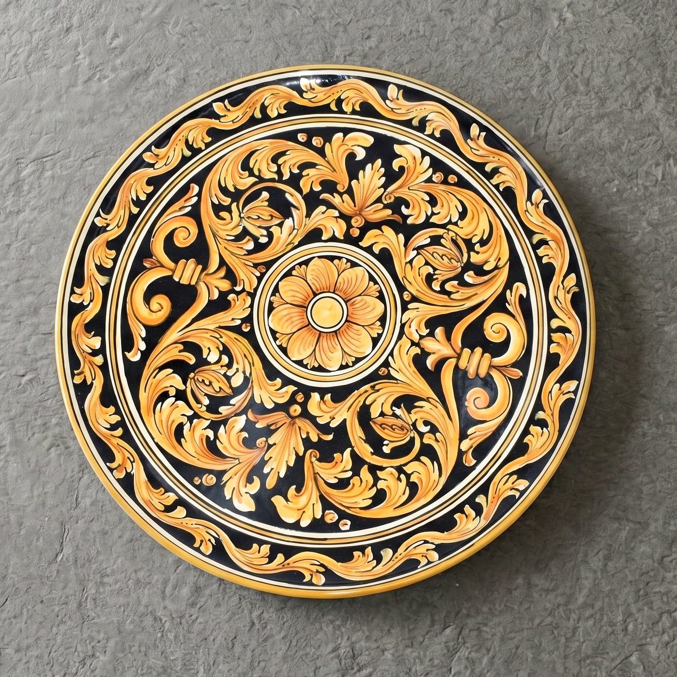Sicilian Decorative Wall Plate Ø 35/40 cm / Ø 14-16", Black Background – Caltagirone Ceramic – Sicilian artisan tradition