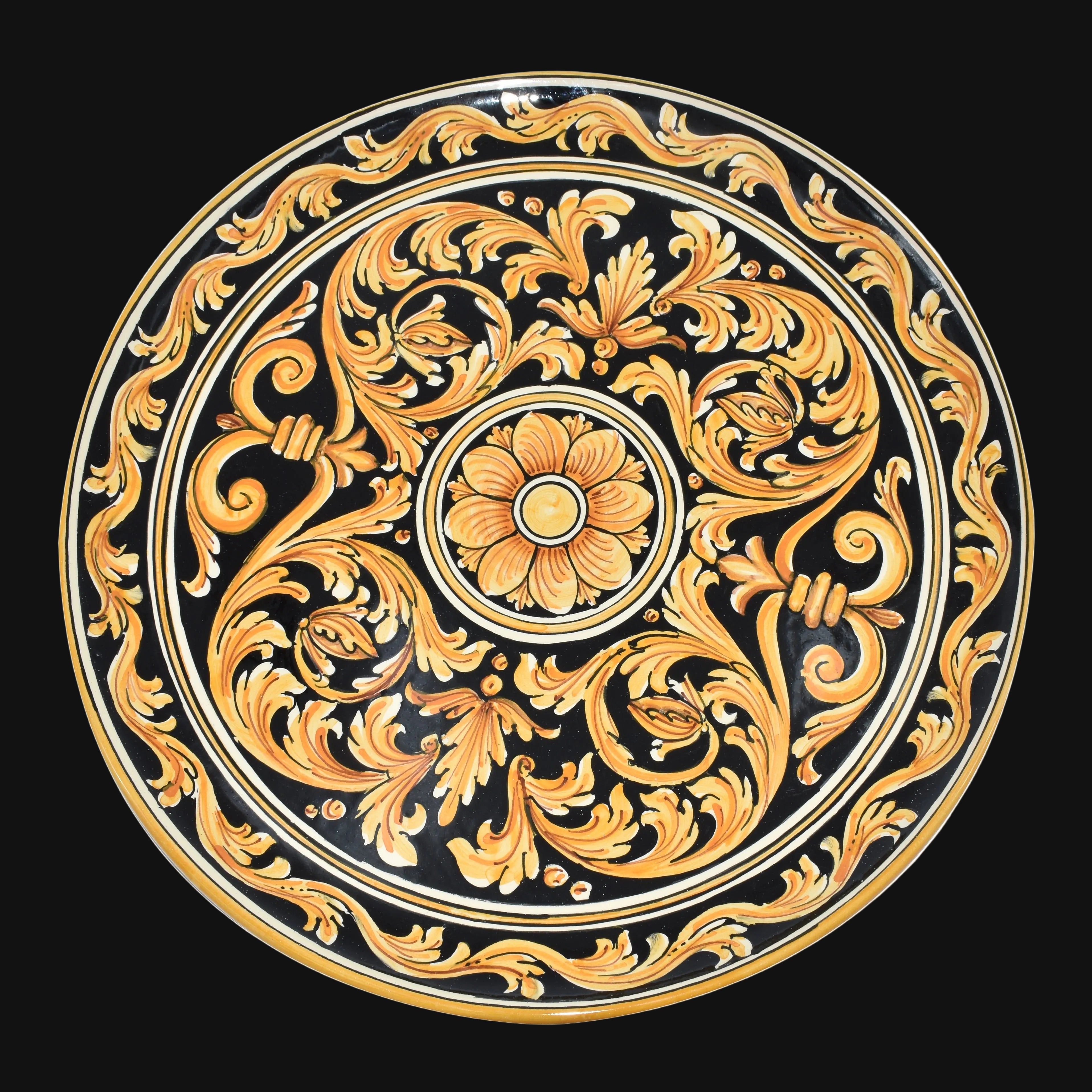 Sicilian Decorative Wall Plate Ø 35/40 cm / Ø 14-16", Black Background – Caltagirone Ceramic – Sicilian artisan tradition