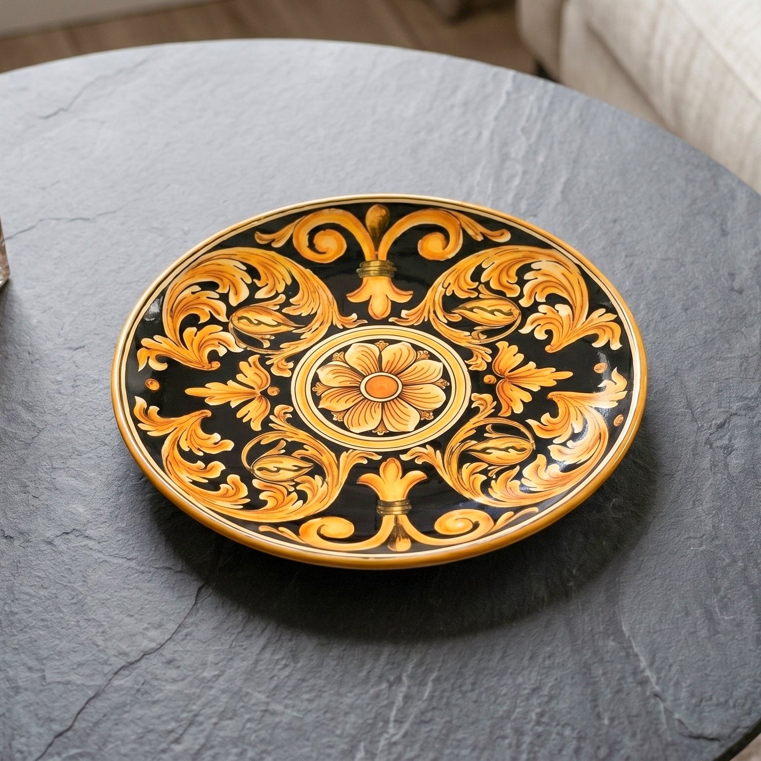Sicilian Decorative Wall Plate Ø 35/40 cm / Ø 14-16", Black Background – Caltagirone Ceramic – Sicilian artisan tradition