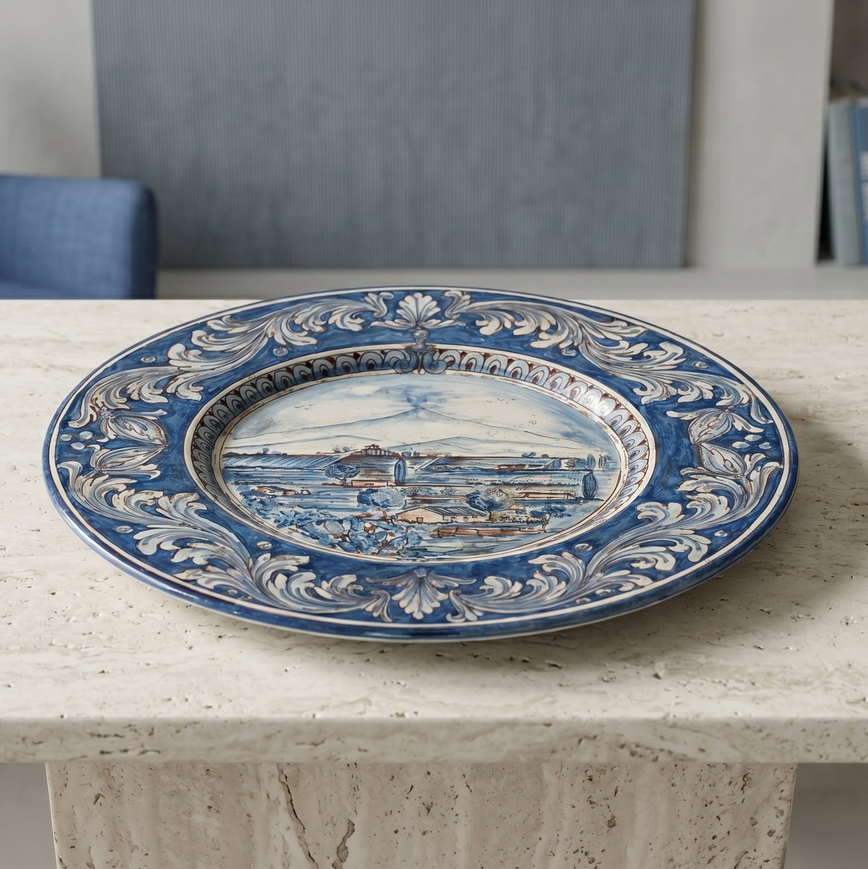 Sicilian Priest Hat Plate, Etna Landscape, Mono Blue – Italian ceramic from Caltagirone, Sicily