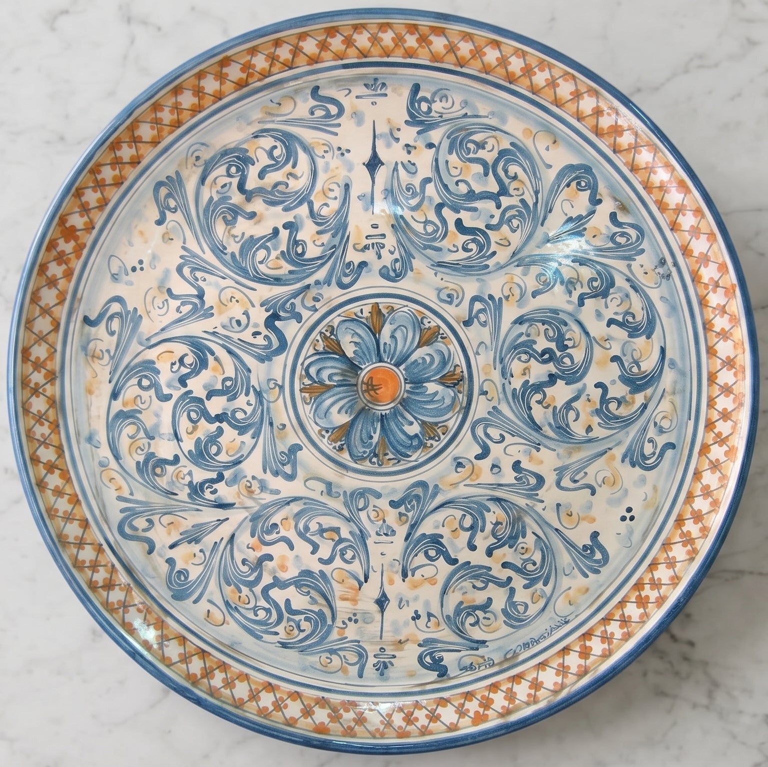 Sicilian Decorative Wall Plate, Blue and Orange, Art Edition – Caltagirone Ceramic – Sicilian artisan tradition