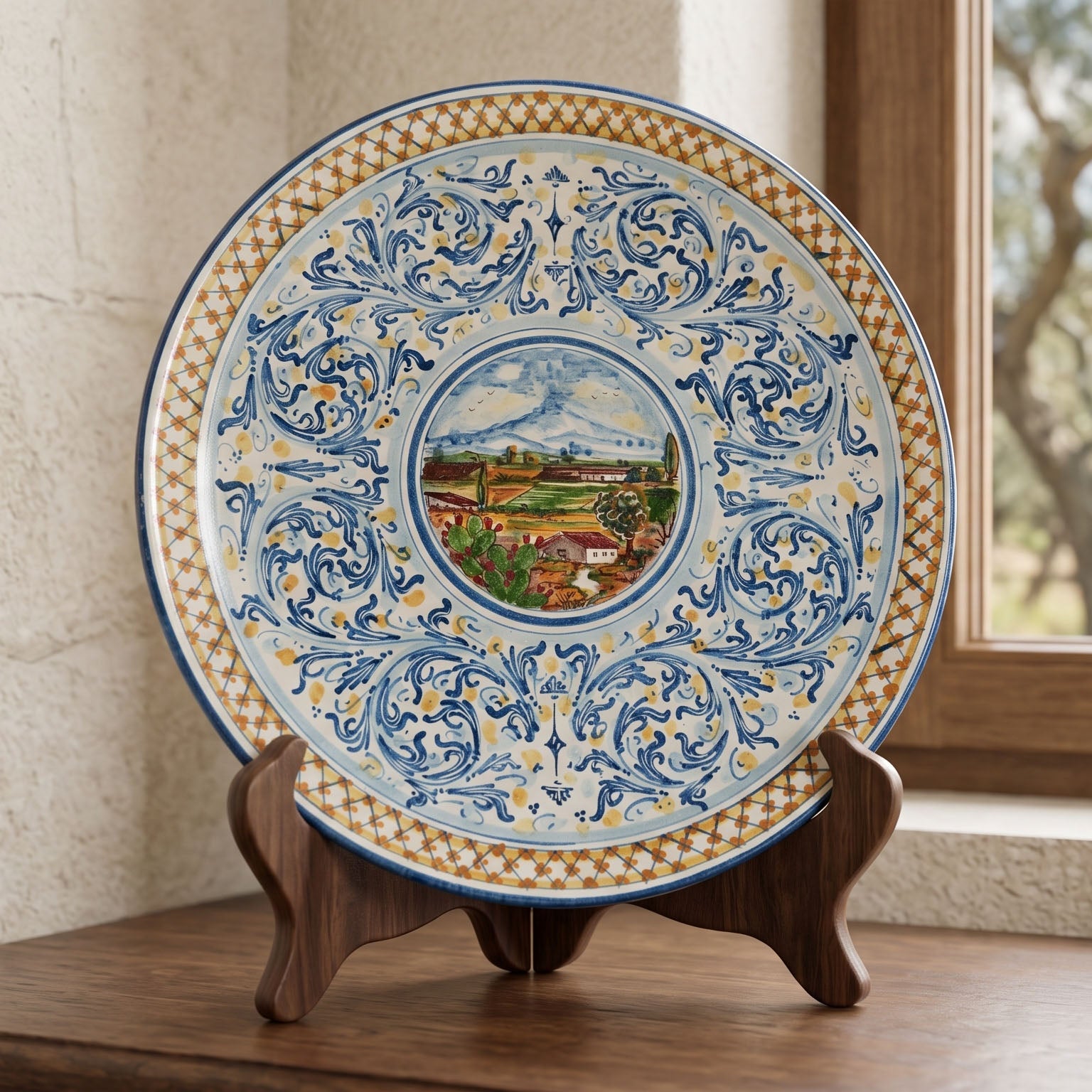 Sicilian Decorative Wall Plate, Blue and Orange, Art Edition – Sicilian majolica handcrafted in Caltagirone