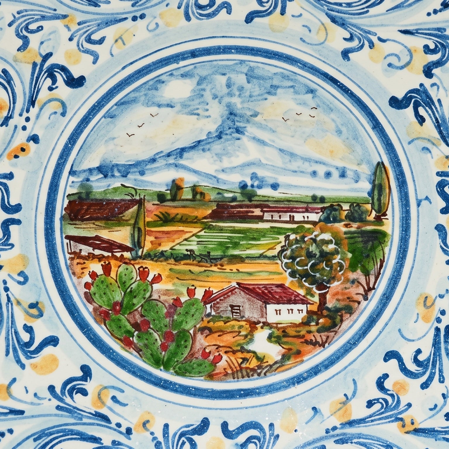 Sicilian Decorative Wall Plate, Blue and Orange, Art Edition – Sicilian majolica handcrafted in Caltagirone
