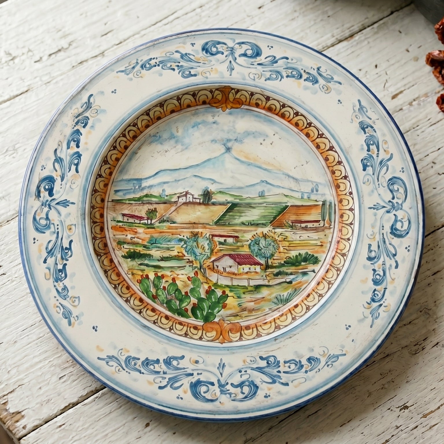 Caltagirone Ceramic Plate Cappello Prete — Etna Landscape, Blue and Orange | Caltagirone Ceramic – Sicilian artisan tradition