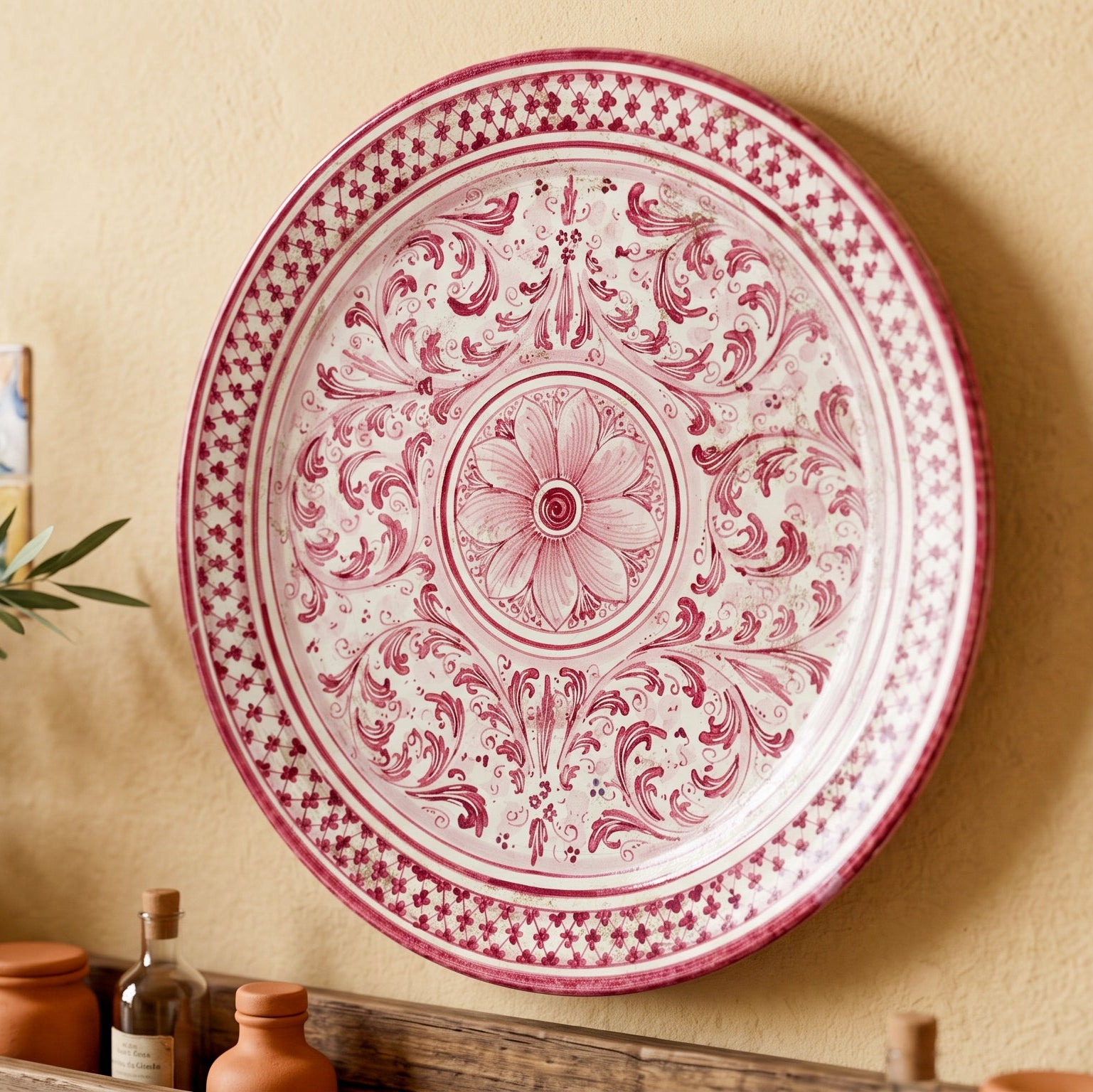 Sicilian Decorative Wall Plate, Mono Bordeaux, Art Edition – Italian ceramic from Caltagirone, Sicily