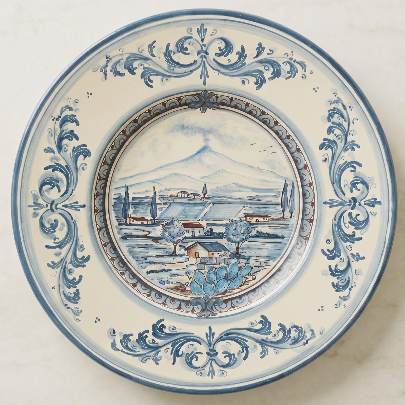 Caltagirone Ceramic Plate Cappello Prete — Etna Landscape, Mono Blue | Italian ceramic from Caltagirone, Sicily