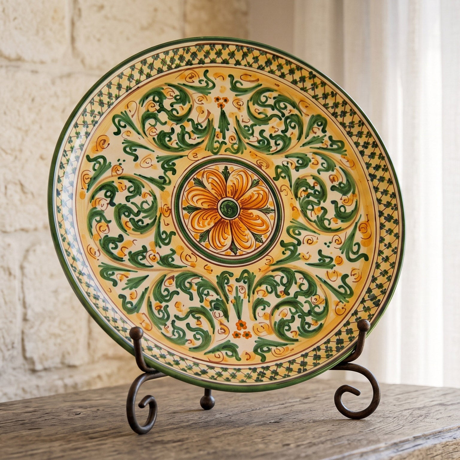 Sicilian Decorative Wall Plate, Green and Orange, Art Edition – Sicilian majolica handcrafted in Caltagirone